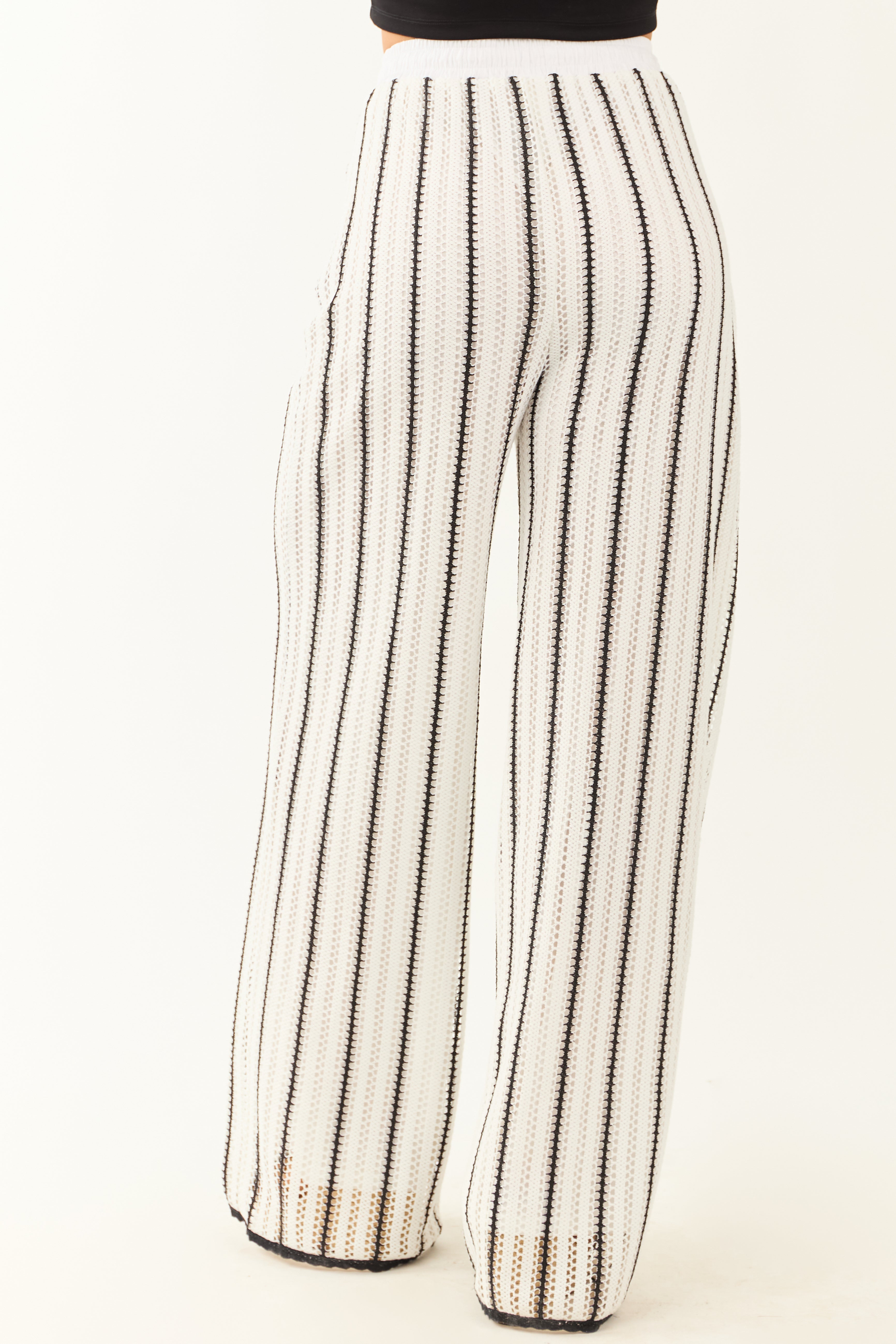 Off White and Black Striped Crochet Knit Pants