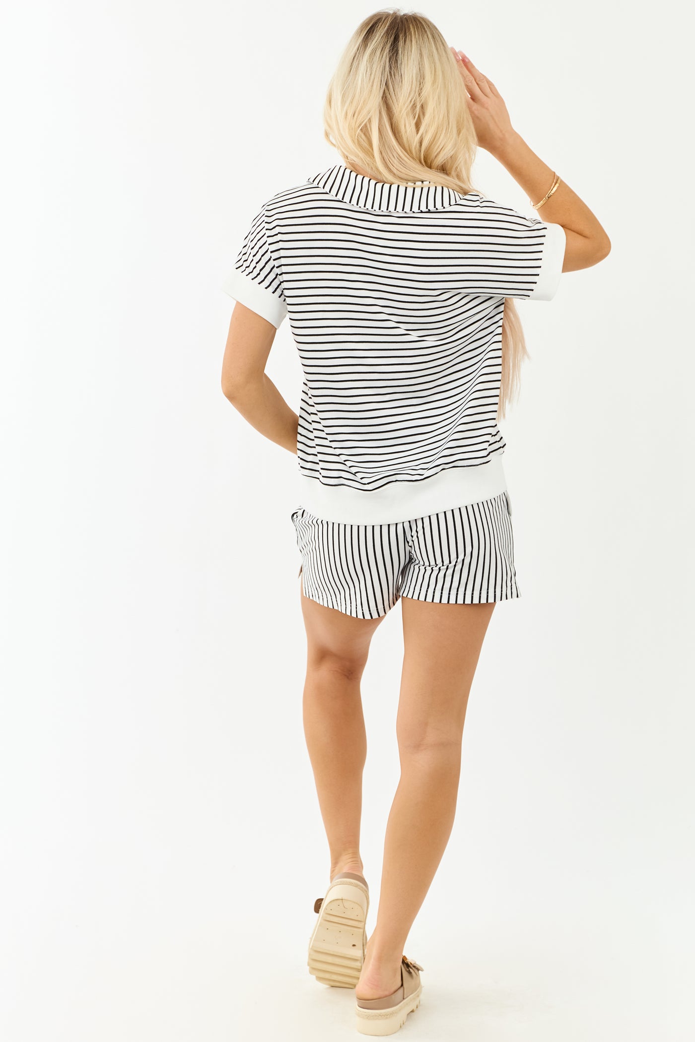 Off White and Black Striped Top and Shorts Set