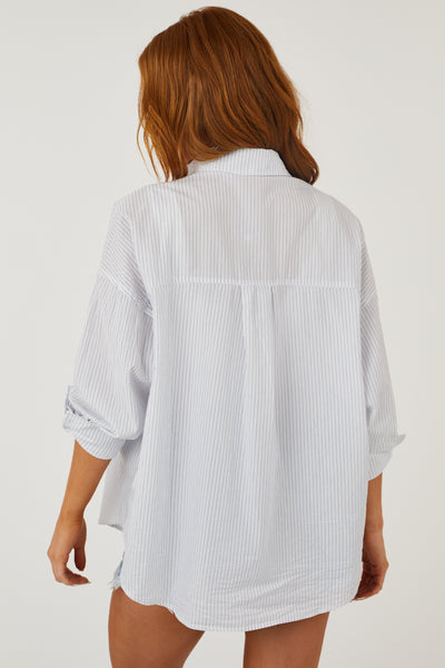 Off White and Blue Stripped Button Up Top