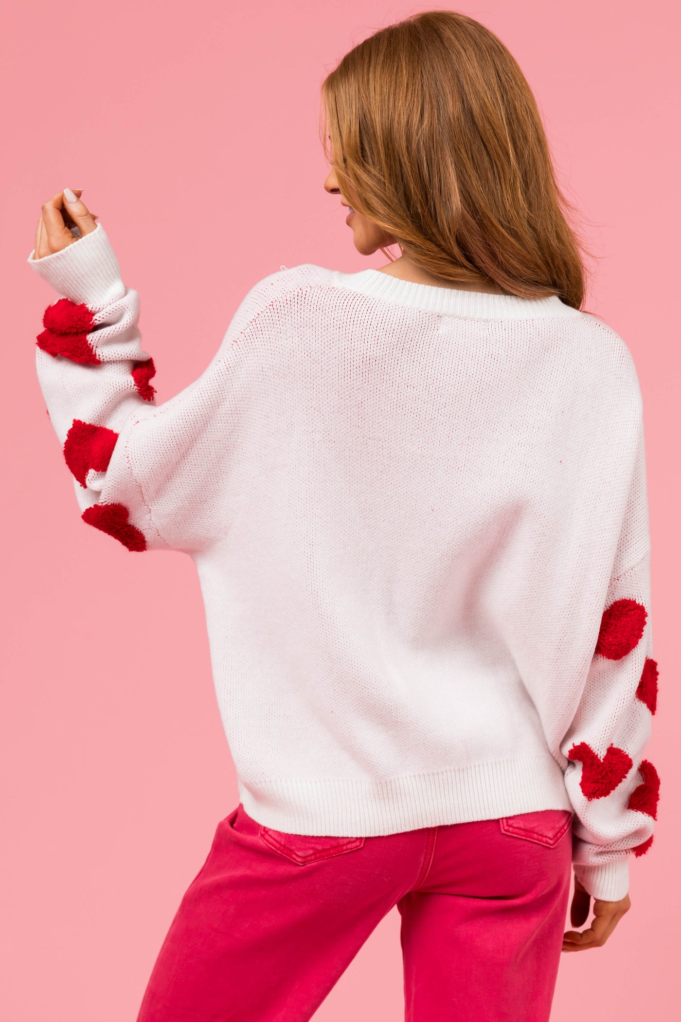 Off White and Cherry Heart Pattern Sweater