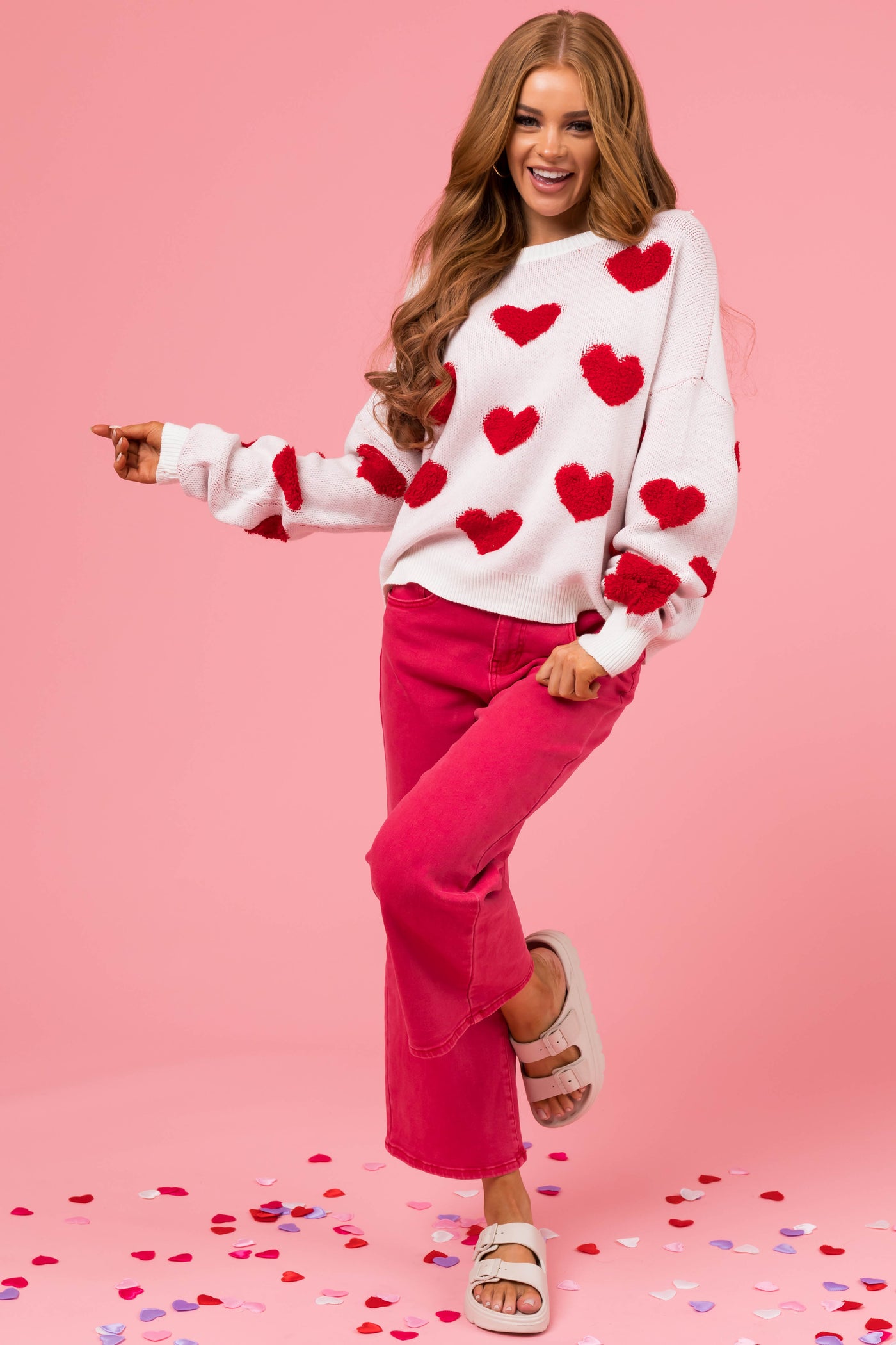 Off White and Cherry Heart Pattern Sweater