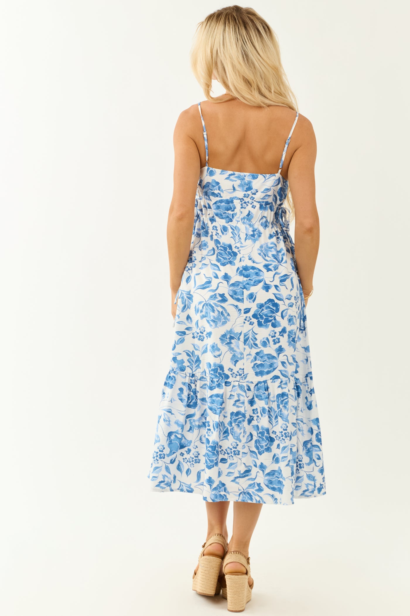 Off White and Cobalt Floral Print Midi Dress
