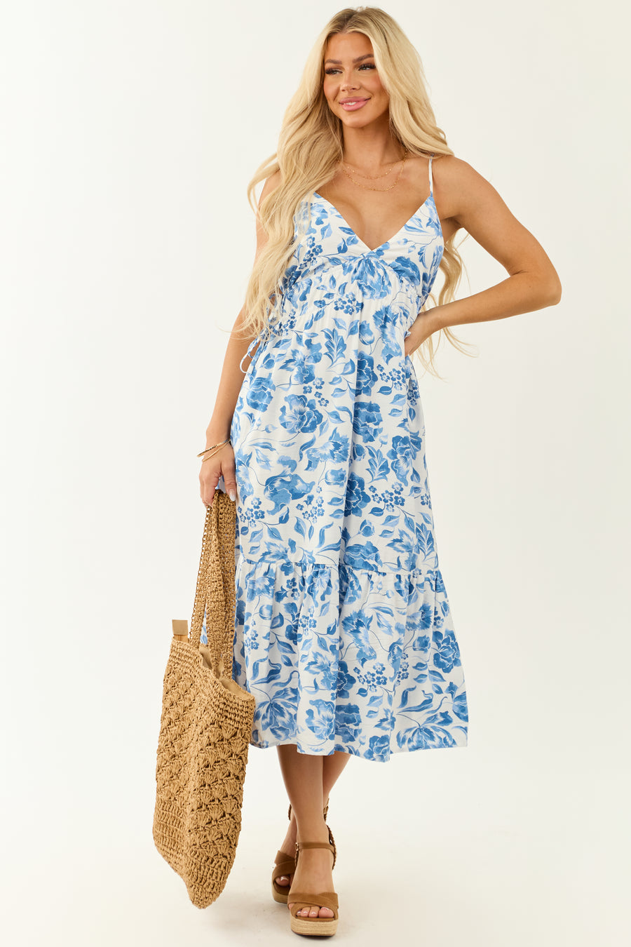 Off White and Cobalt Floral Print Midi Dress
