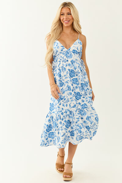 Off White and Cobalt Floral Print Midi Dress