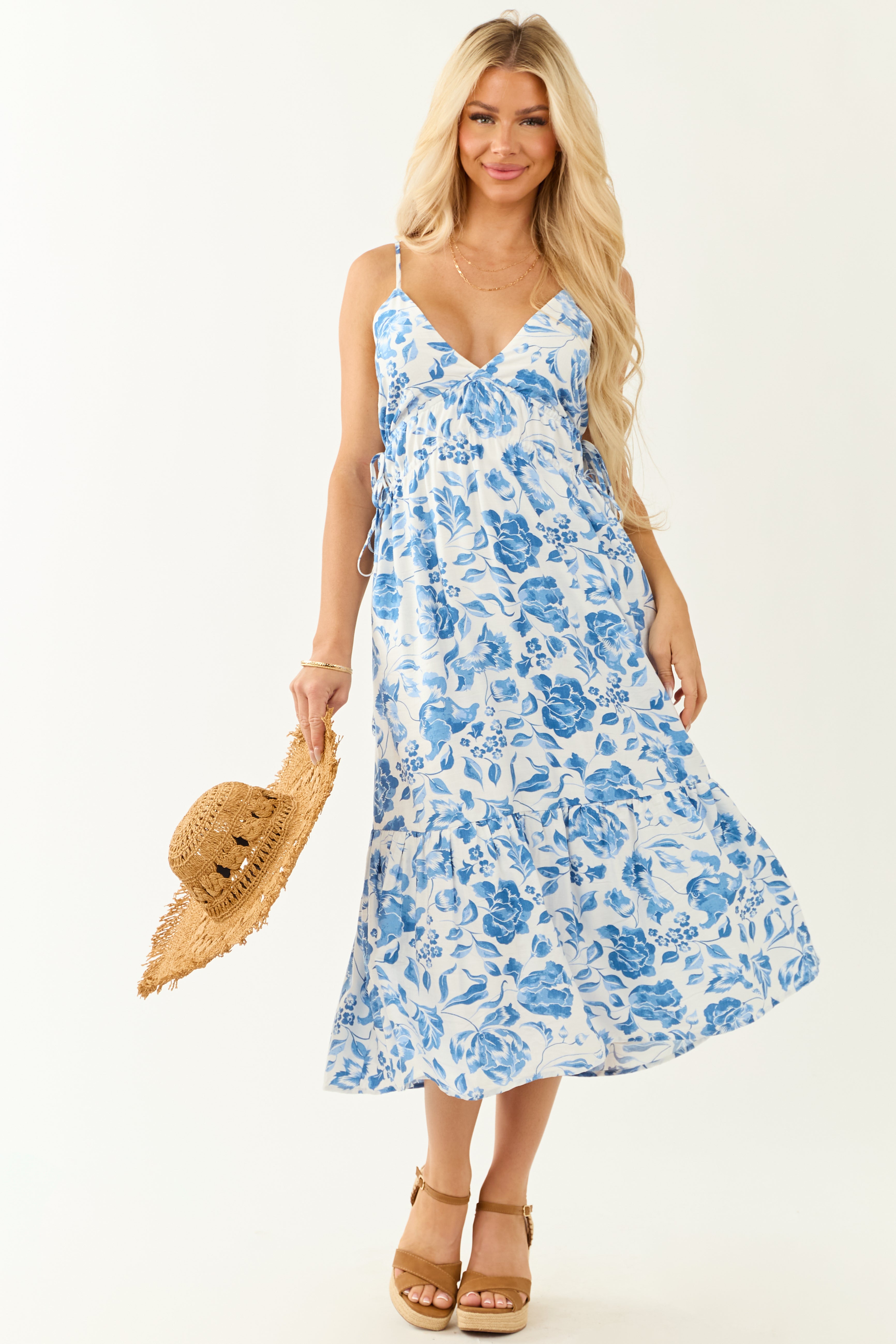 Off White and Cobalt Floral Print Midi Dress