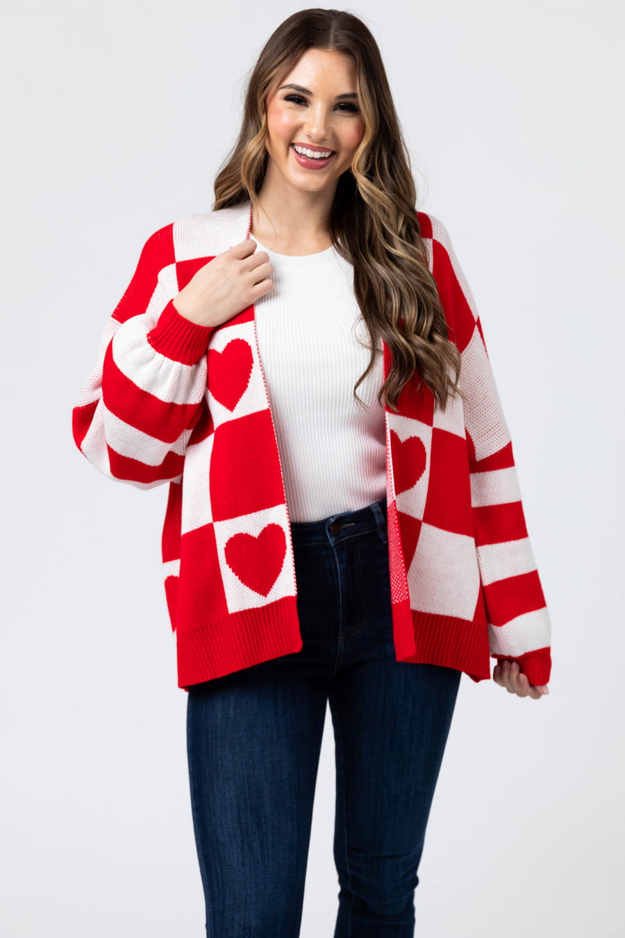 Off White and Lipstick Heart Checkered Cardigan