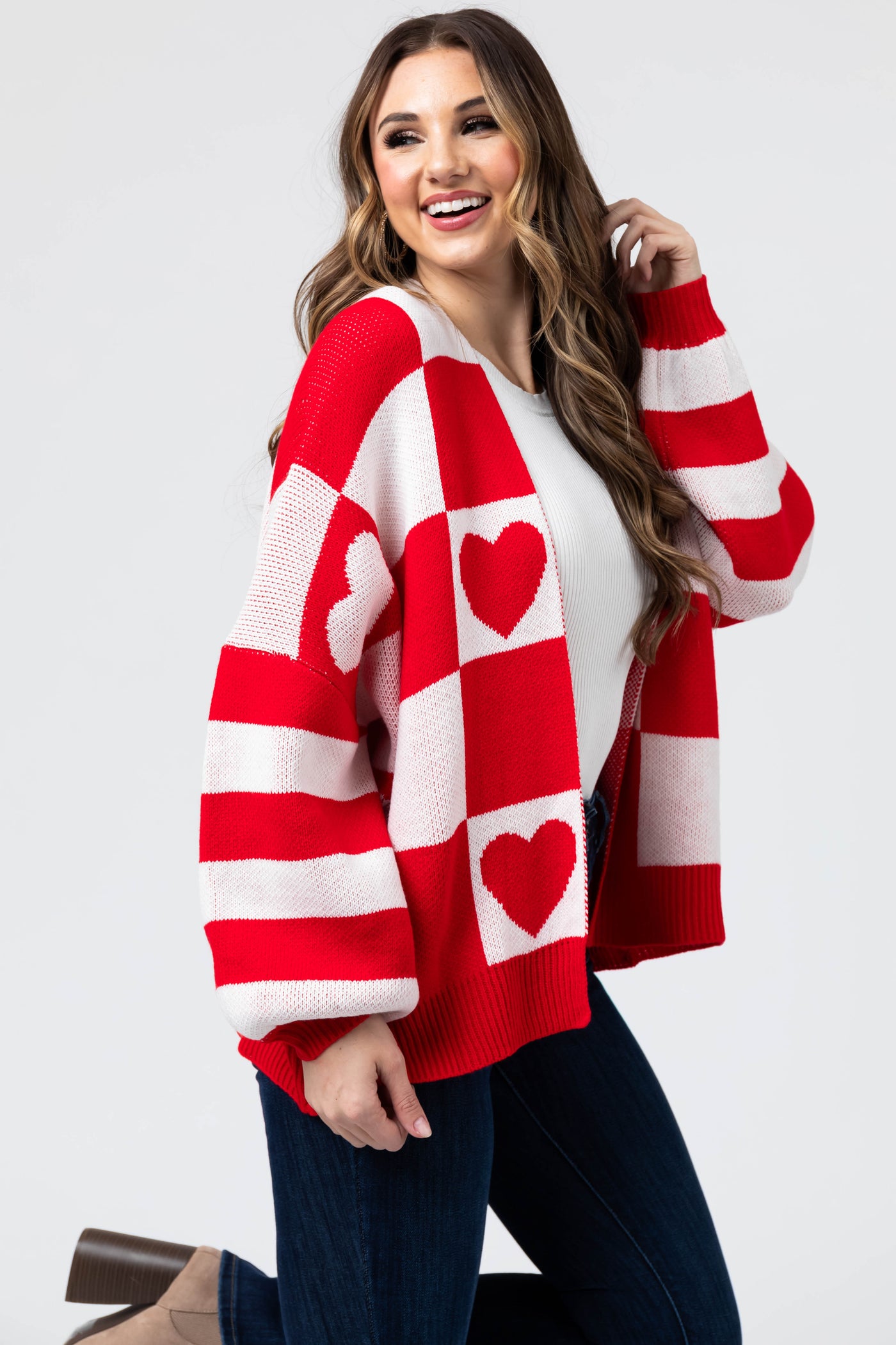 Off White and Lipstick Heart Checkered Cardigan