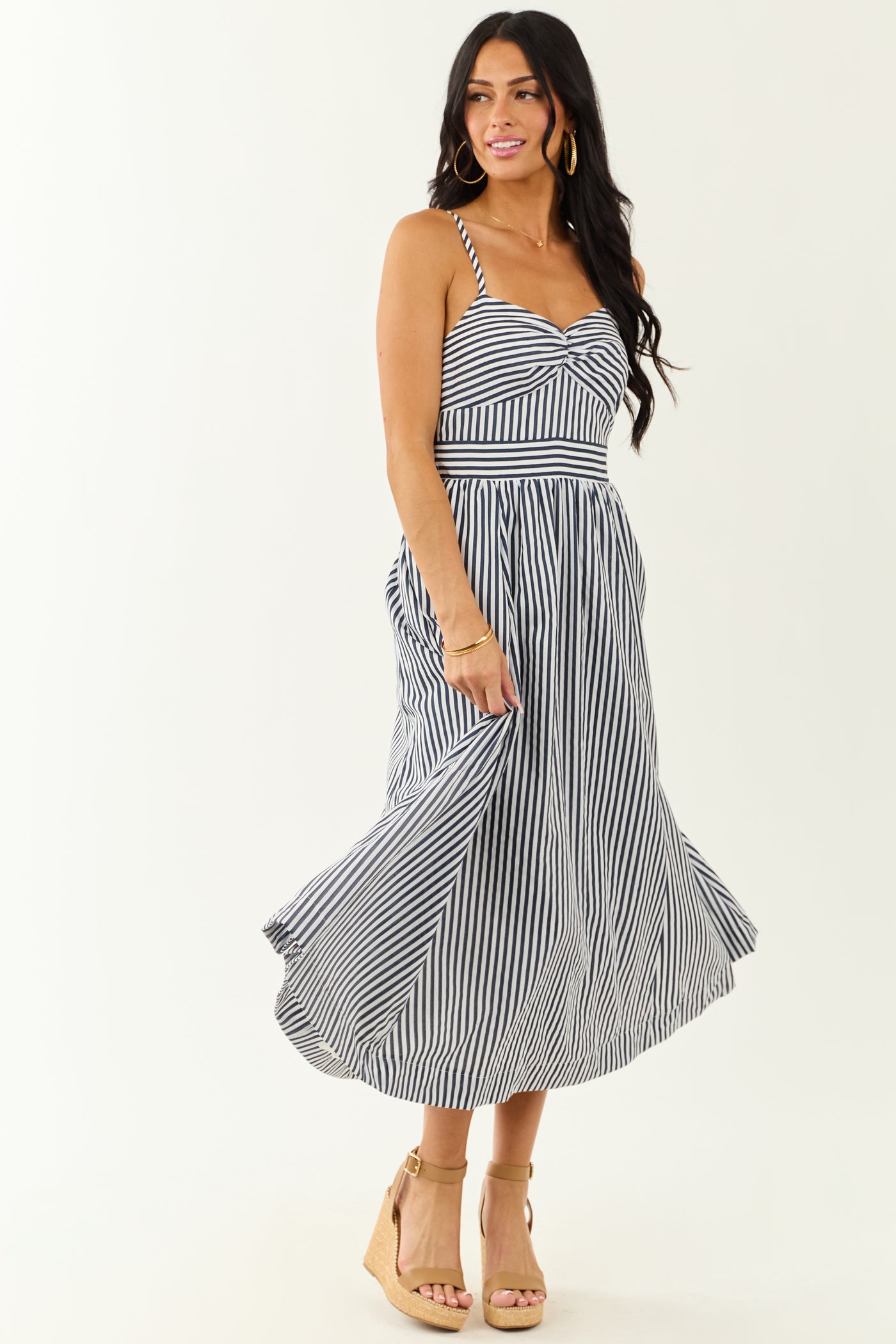 Off White and Navy Striped Sweetheart Midi Dress Off White and Navy Striped Sweetheart Midi Dress