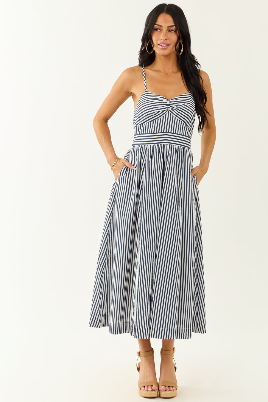 Off White and Navy Striped Sweetheart Midi Dress
