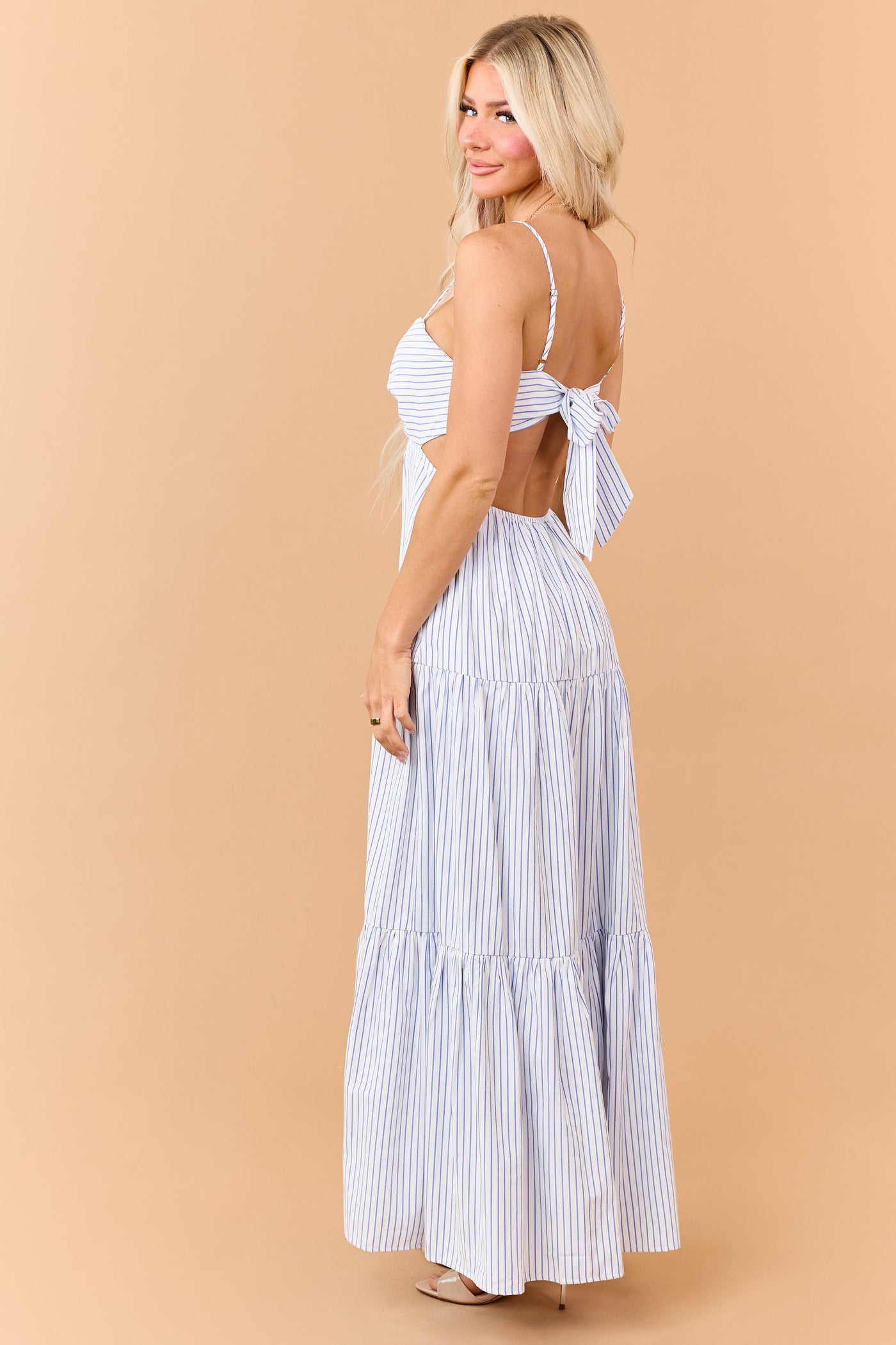 Off White and Sapphire Striped Tiered Maxi Dress