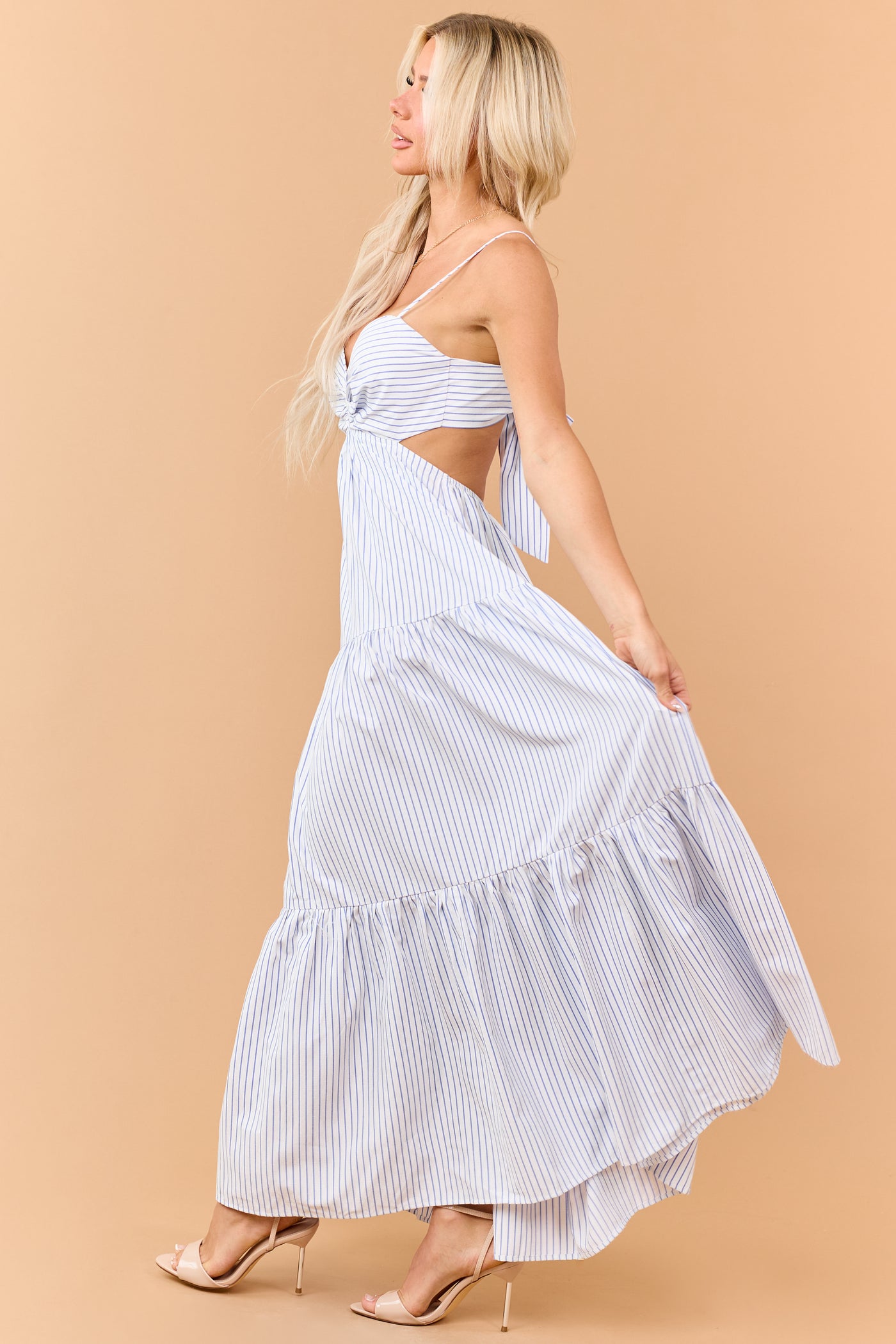 Off White and Sapphire Striped Tiered Maxi Dress