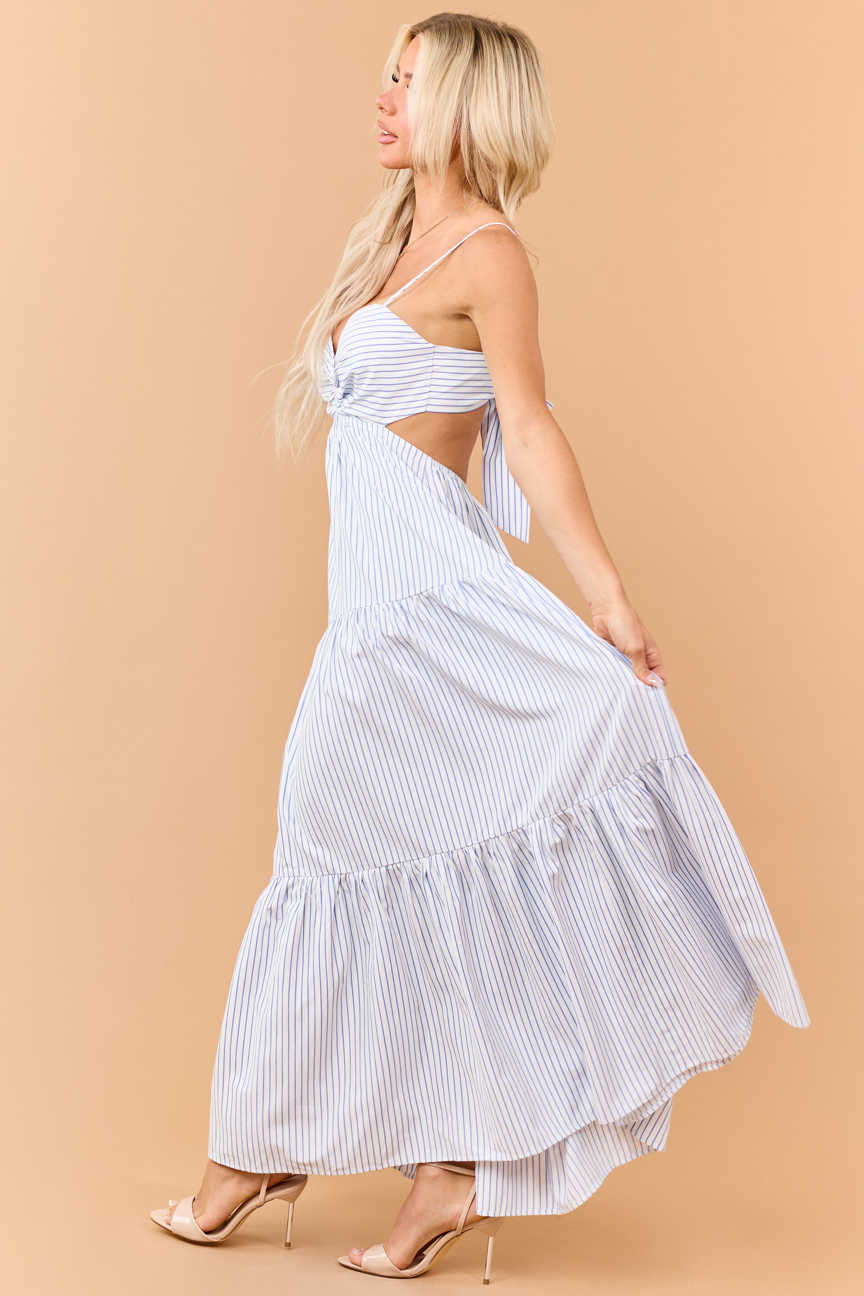 Off White and Sapphire Striped Tiered Maxi Dress