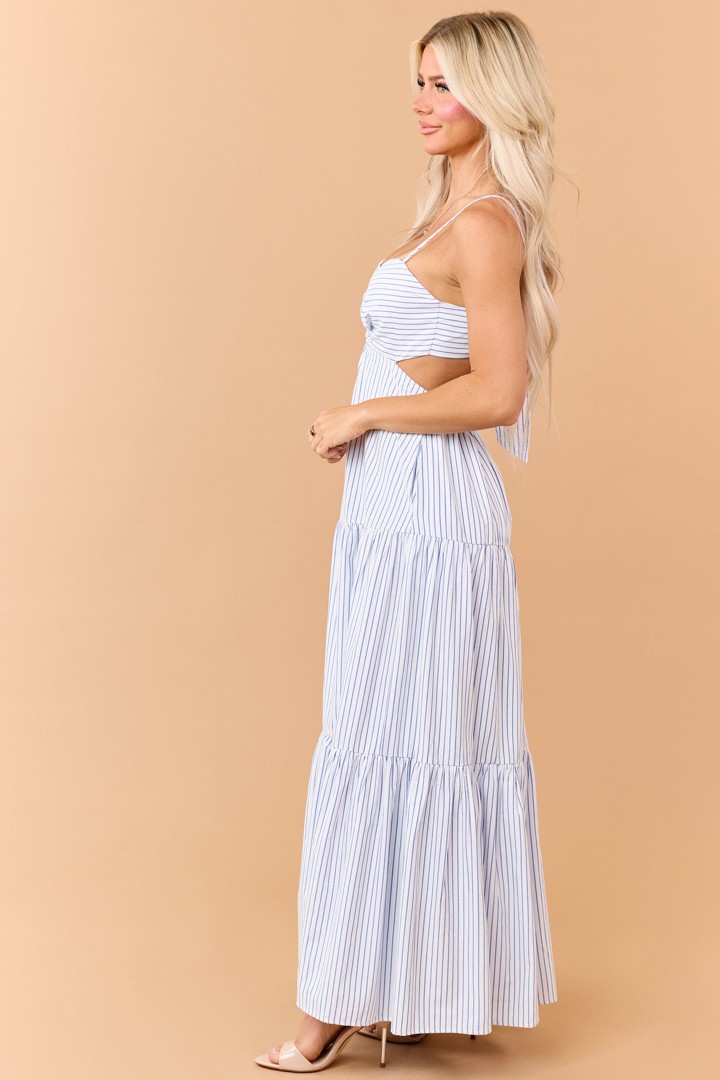 Off White and Sapphire Striped Tiered Maxi Dress