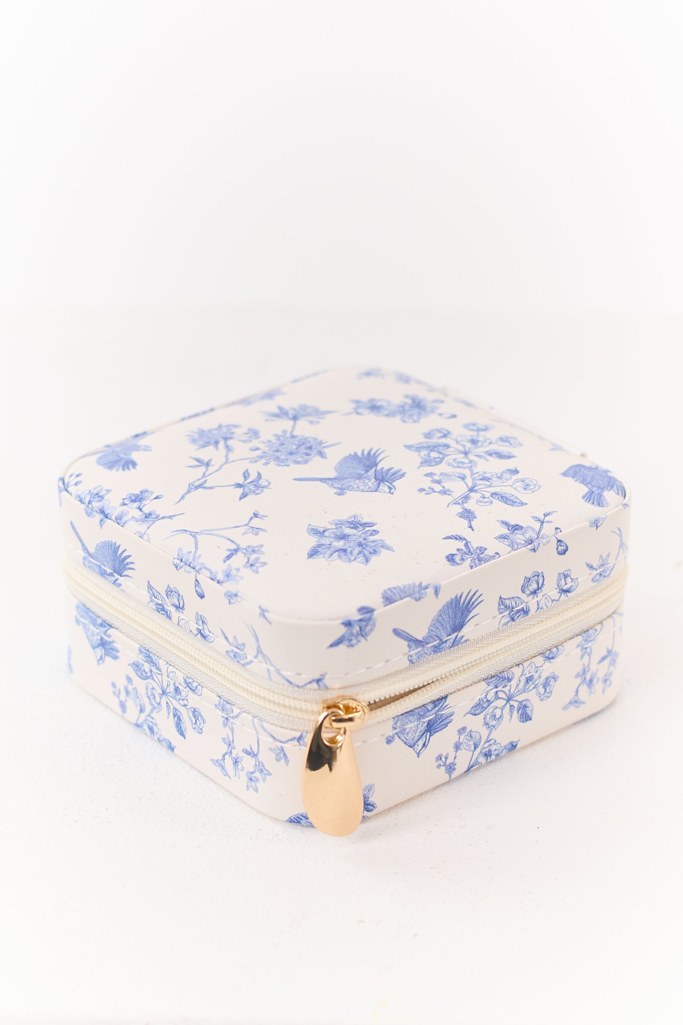 Off White Bird and Floral Print Portable Jewelry Box