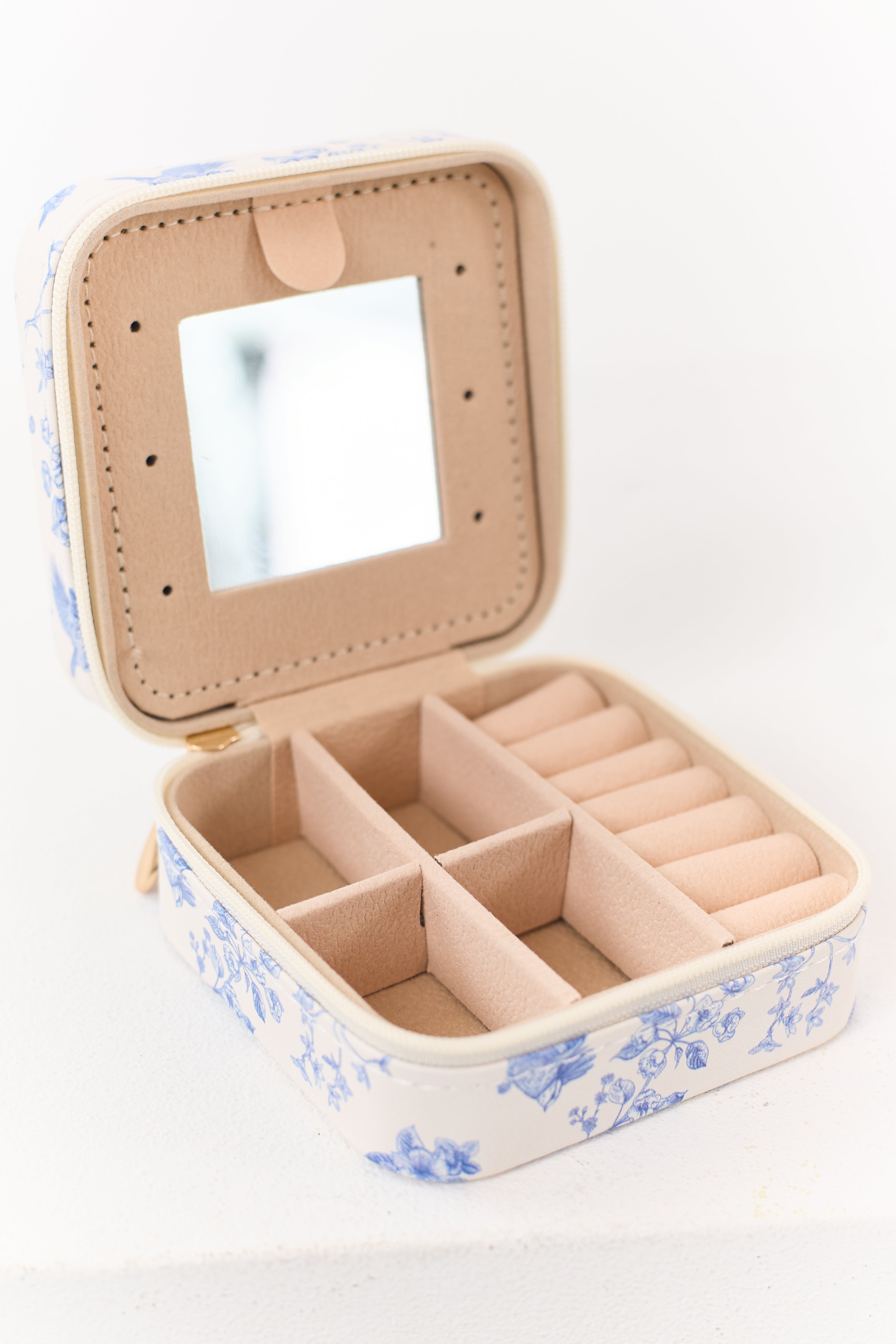 Off White Bird and Floral Print Portable Jewelry Box