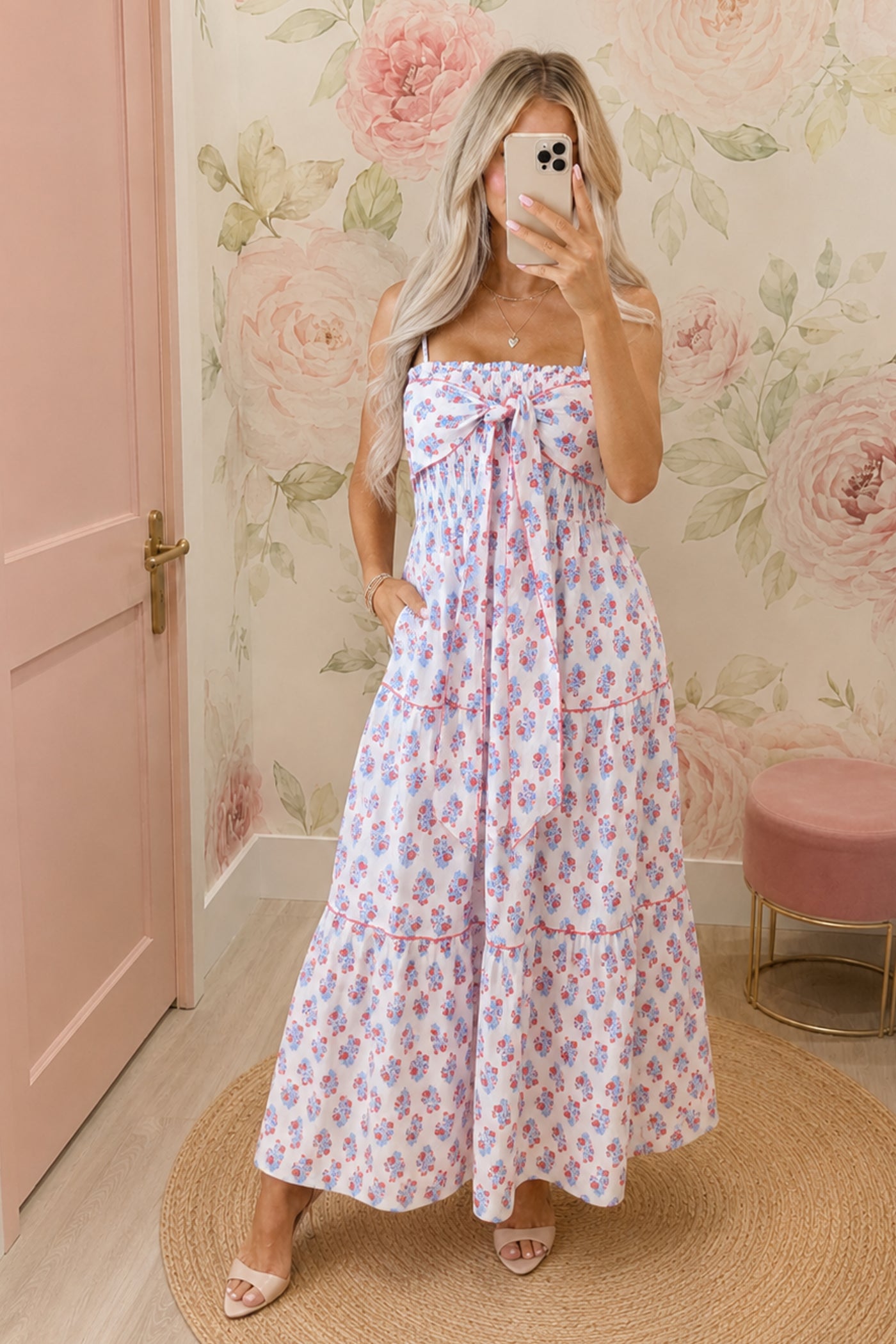 Off White Cotton Floral Print Tiered Maxi Dress