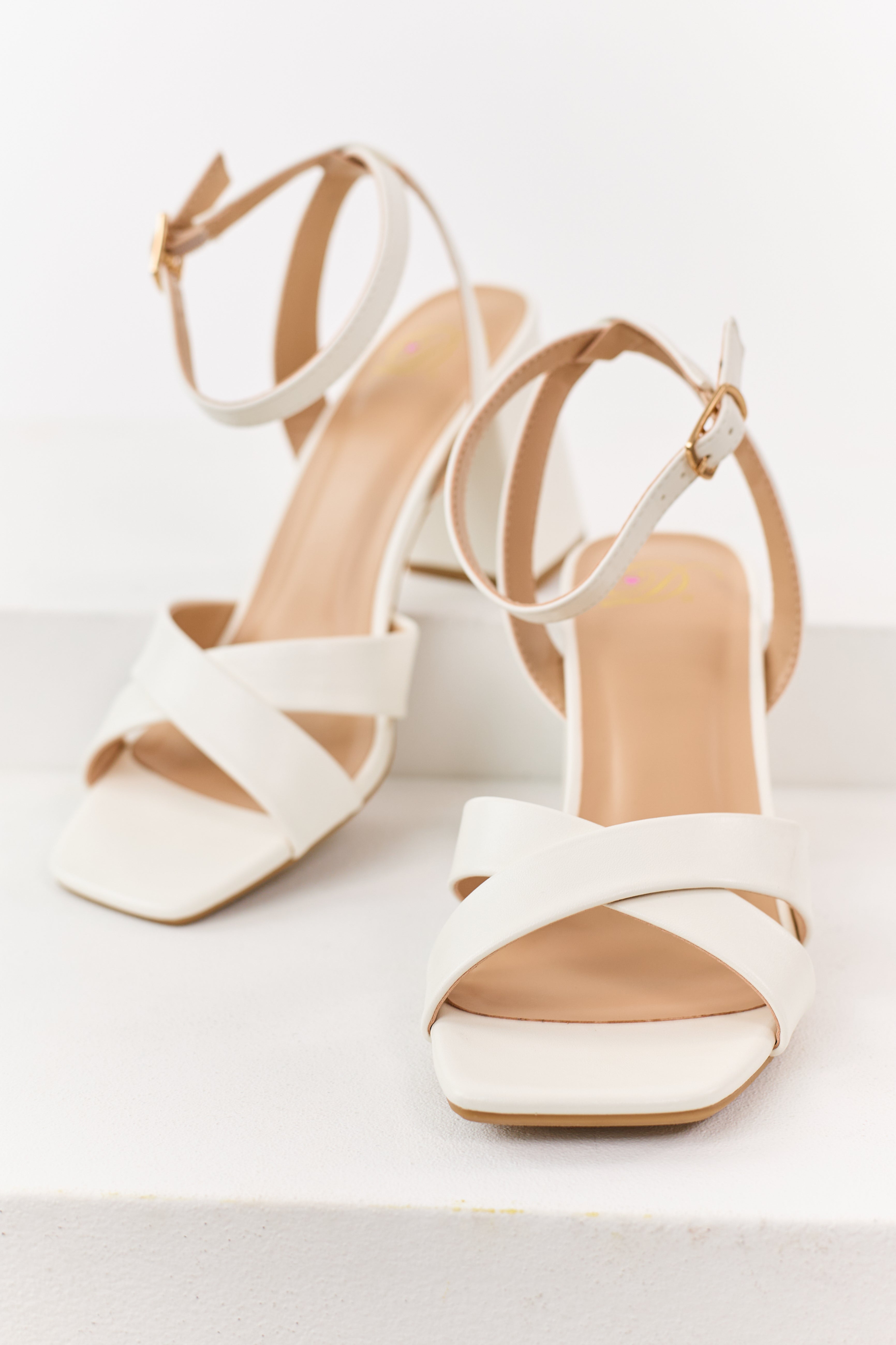 Off White Faux Leather Criss Cross Strap Heels