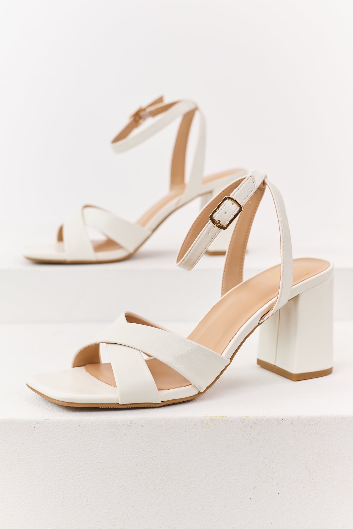 Off White Faux Leather Criss Cross Strap Heels