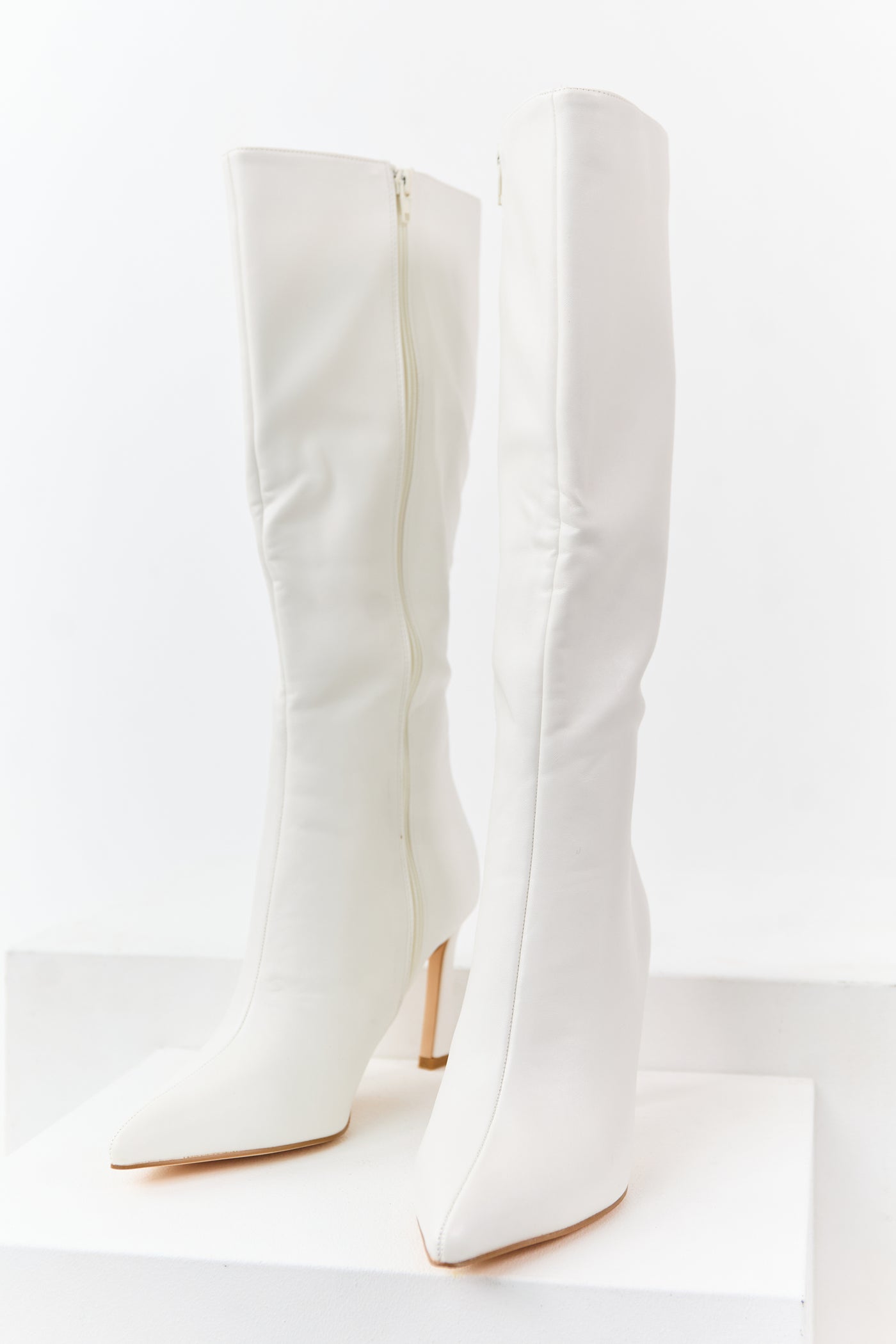 Off White Faux Leather High Heel Tall Boots