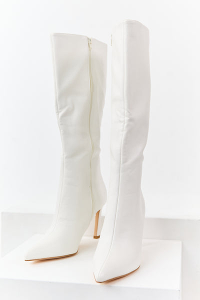 Off White Faux Leather High Heel Tall Boots