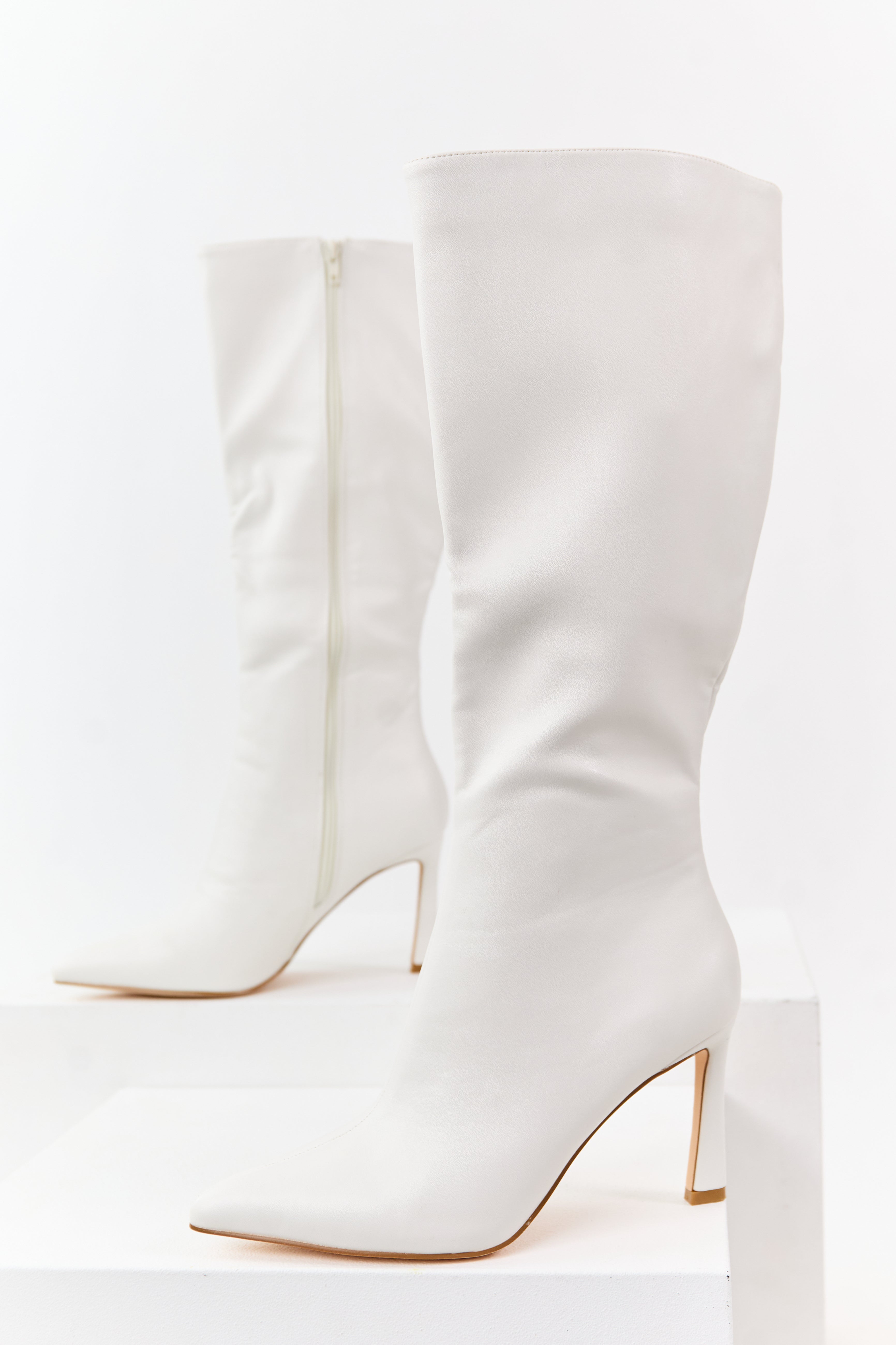 Off White Faux Leather High Heel Tall Boots | Lime Lush Boutique