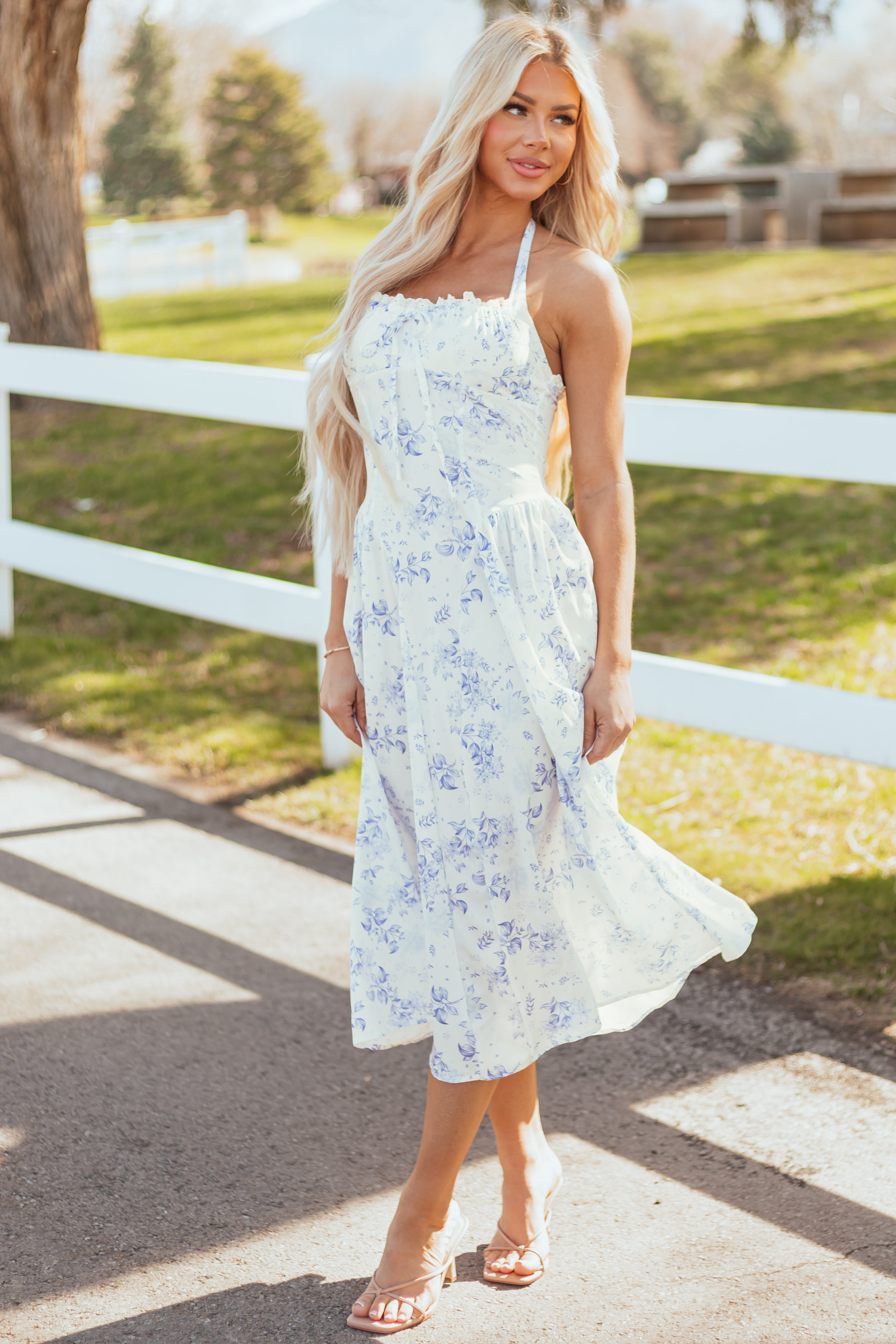Off White Floral Print Halter Neck Midi Dress Off White Floral Print Halter Neck Midi Dress