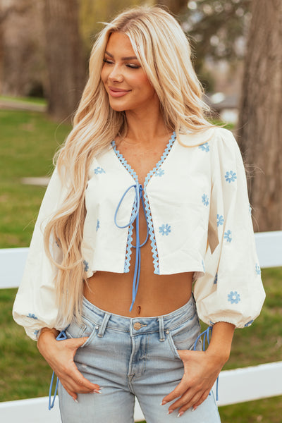 Off White Front Tie Long Sleeve Embroidered Blouse
