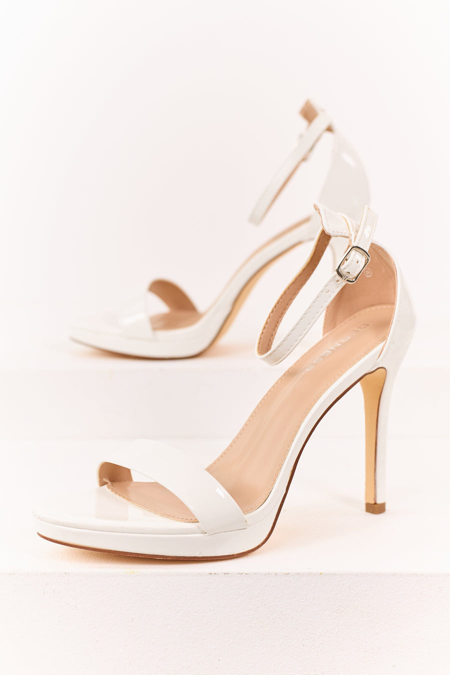 Off White Patent Faux Leather Stiletto Open Toe Heels