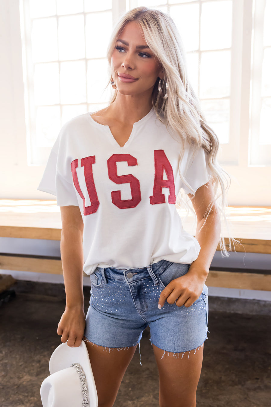 Off White Split Neck 'USA' Graphic Sweatshirt