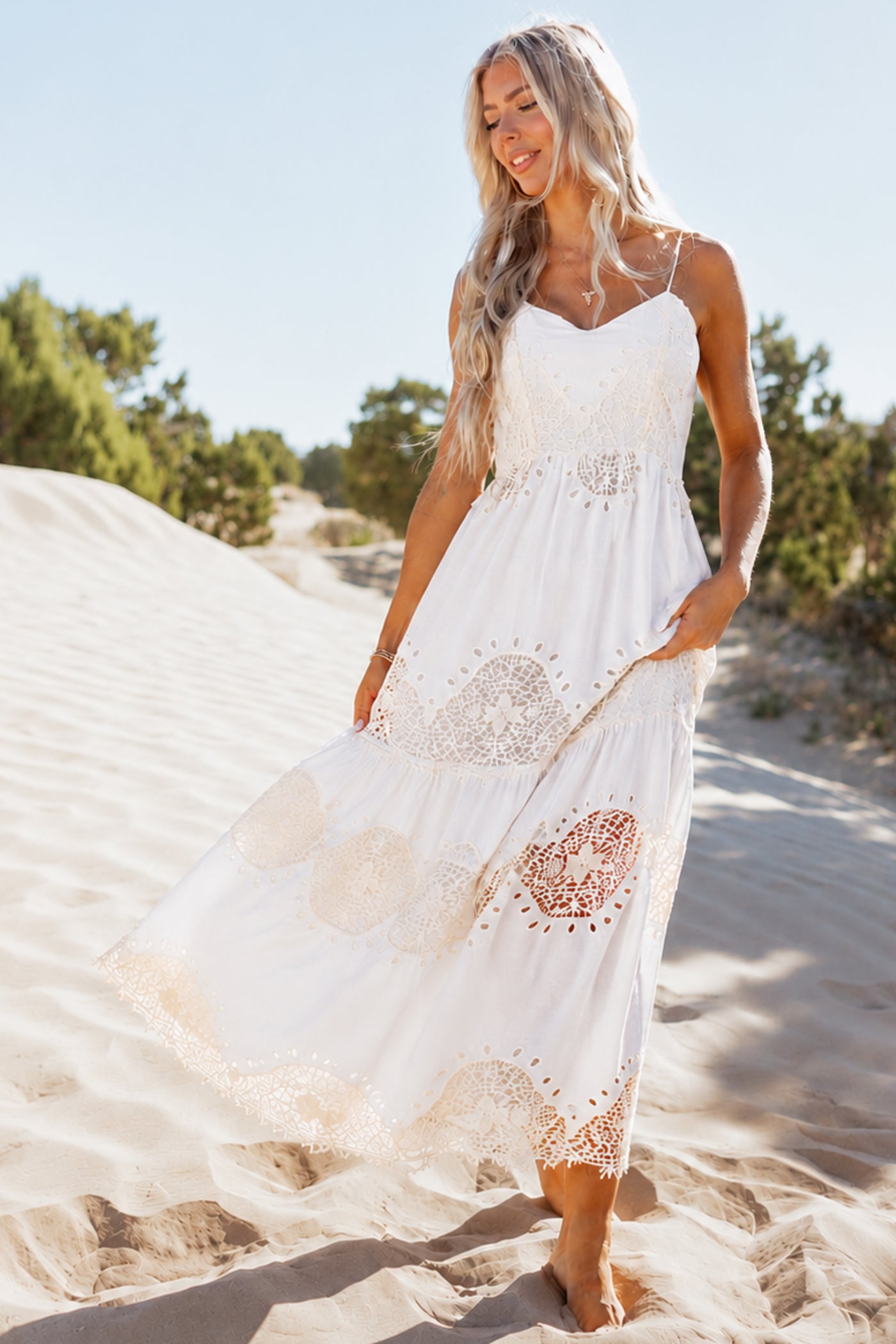 Off White Tiered Crochet Lace Sleeveless Maxi Dress