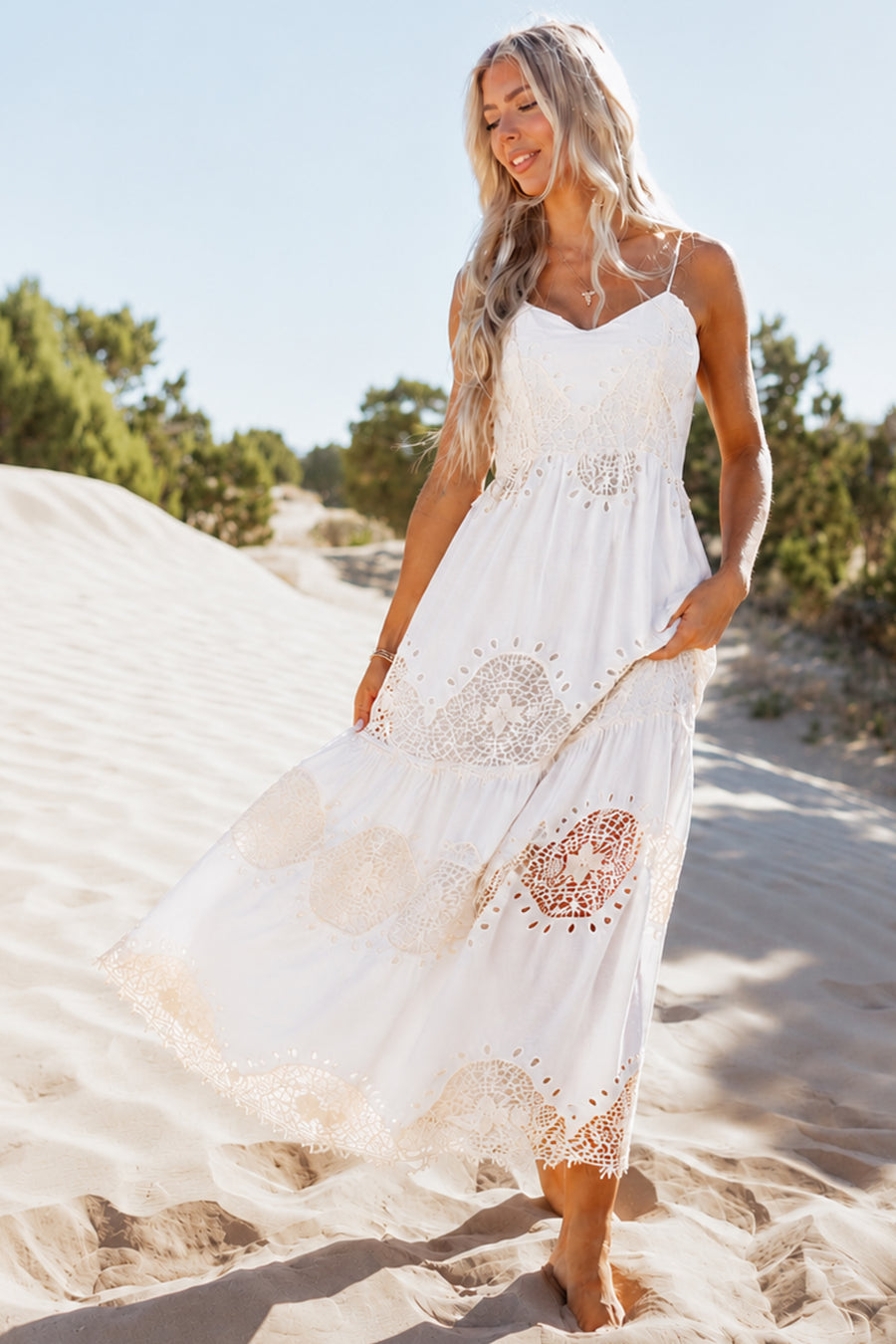 Off White Tiered Crochet Lace Sleeveless Maxi Dress