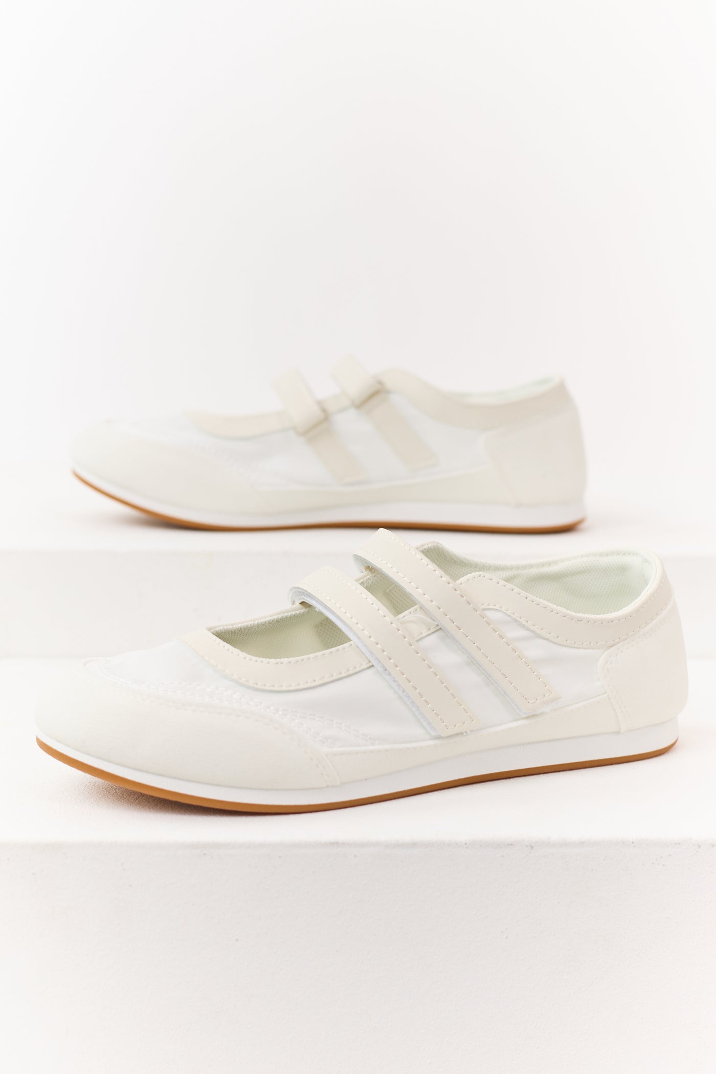 Off White Velcro Strap Sporty Ballet Sneakers