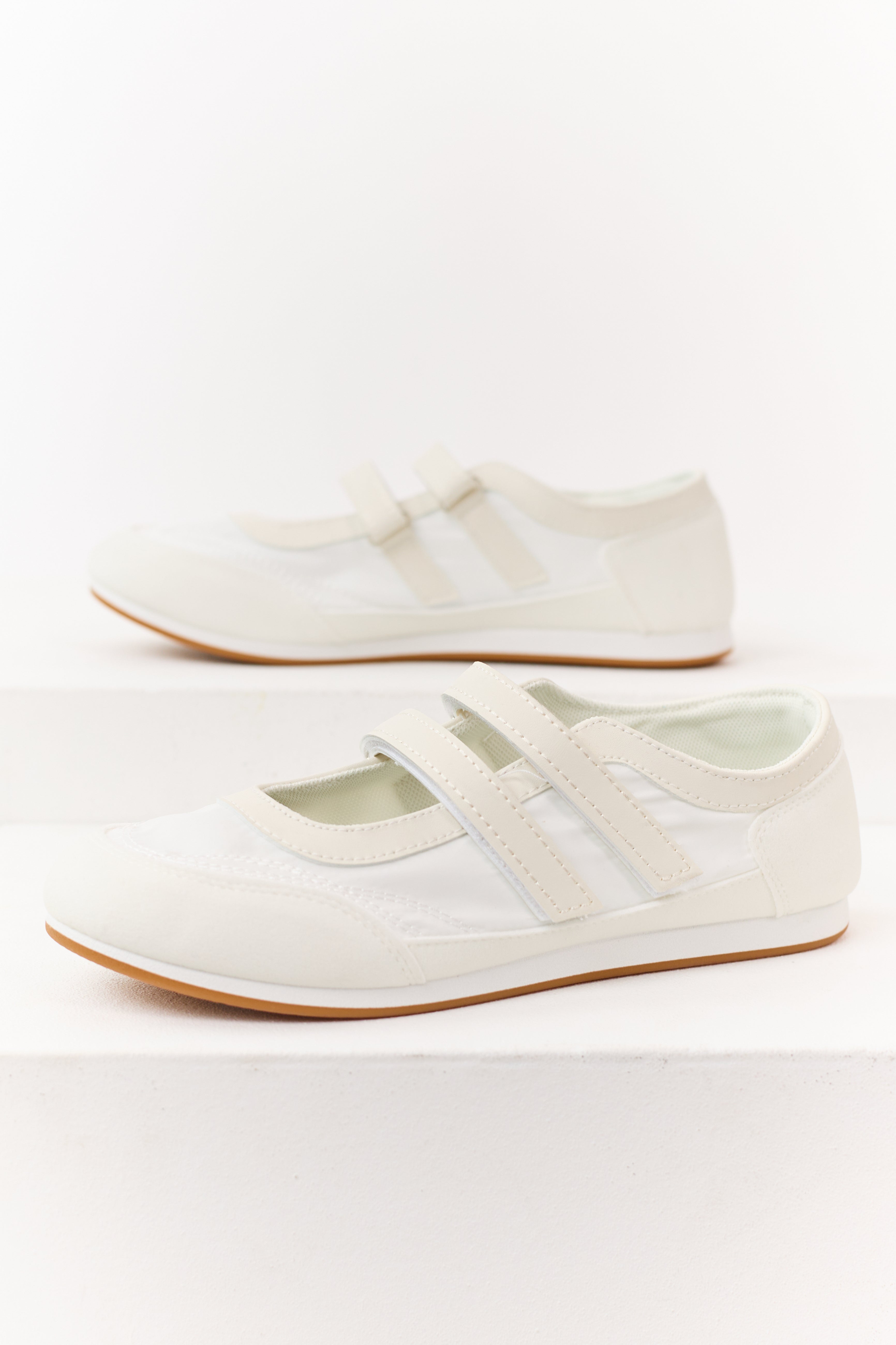 Off White Velcro Strap Sporty Ballet Sneakers