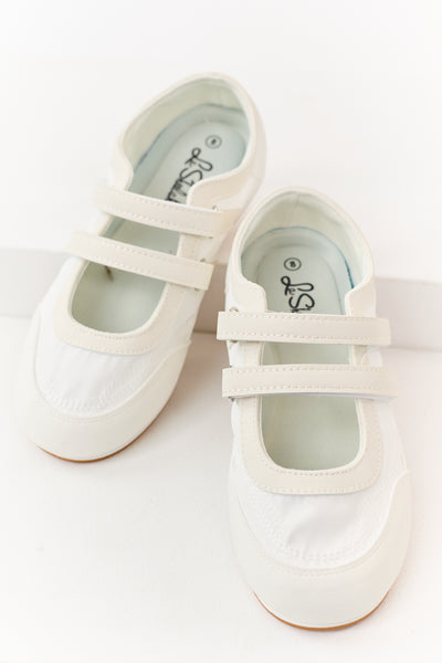 Off White Velcro Strap Sporty Ballet Sneakers