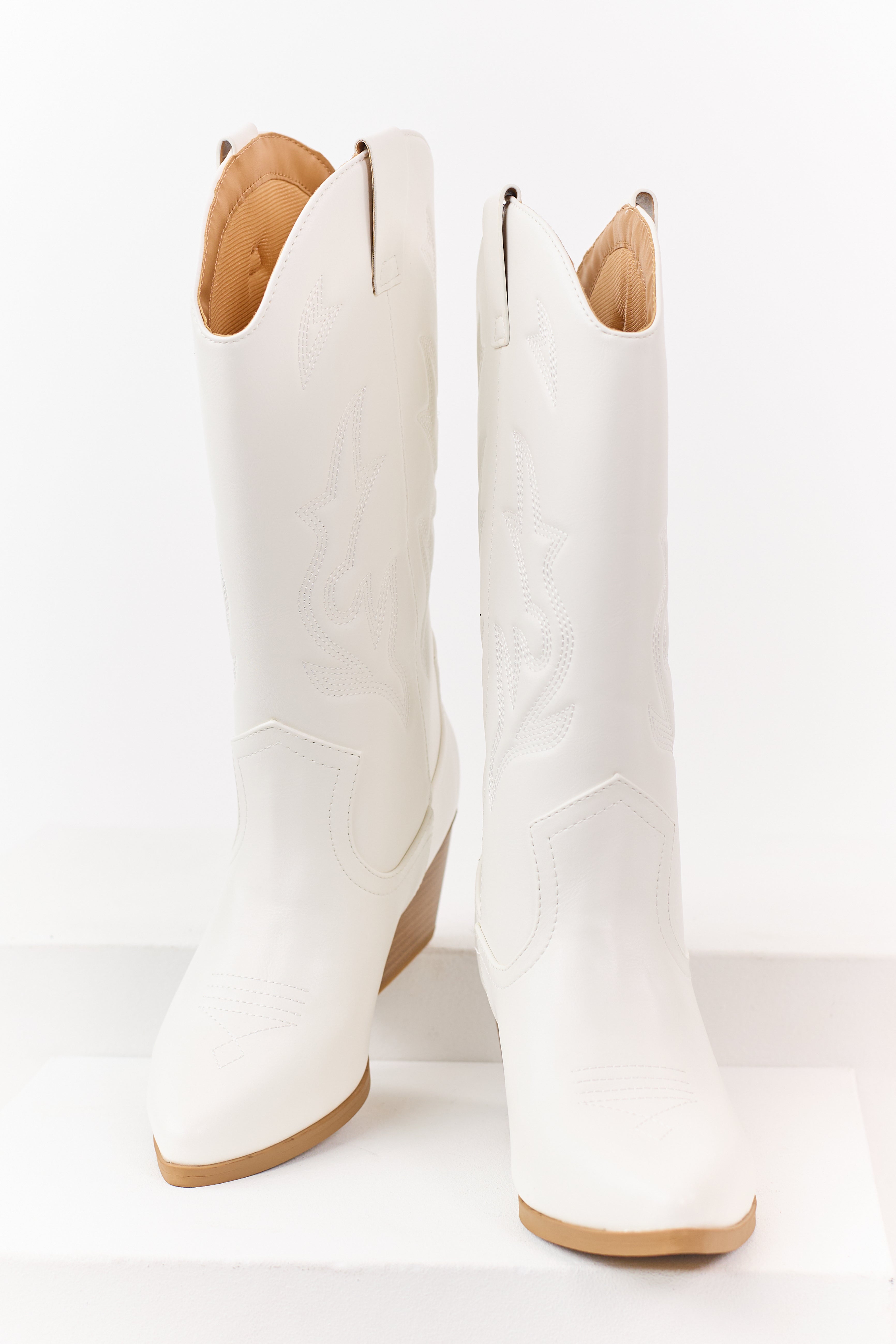 Off White Western Embroidered Cowboy Boots