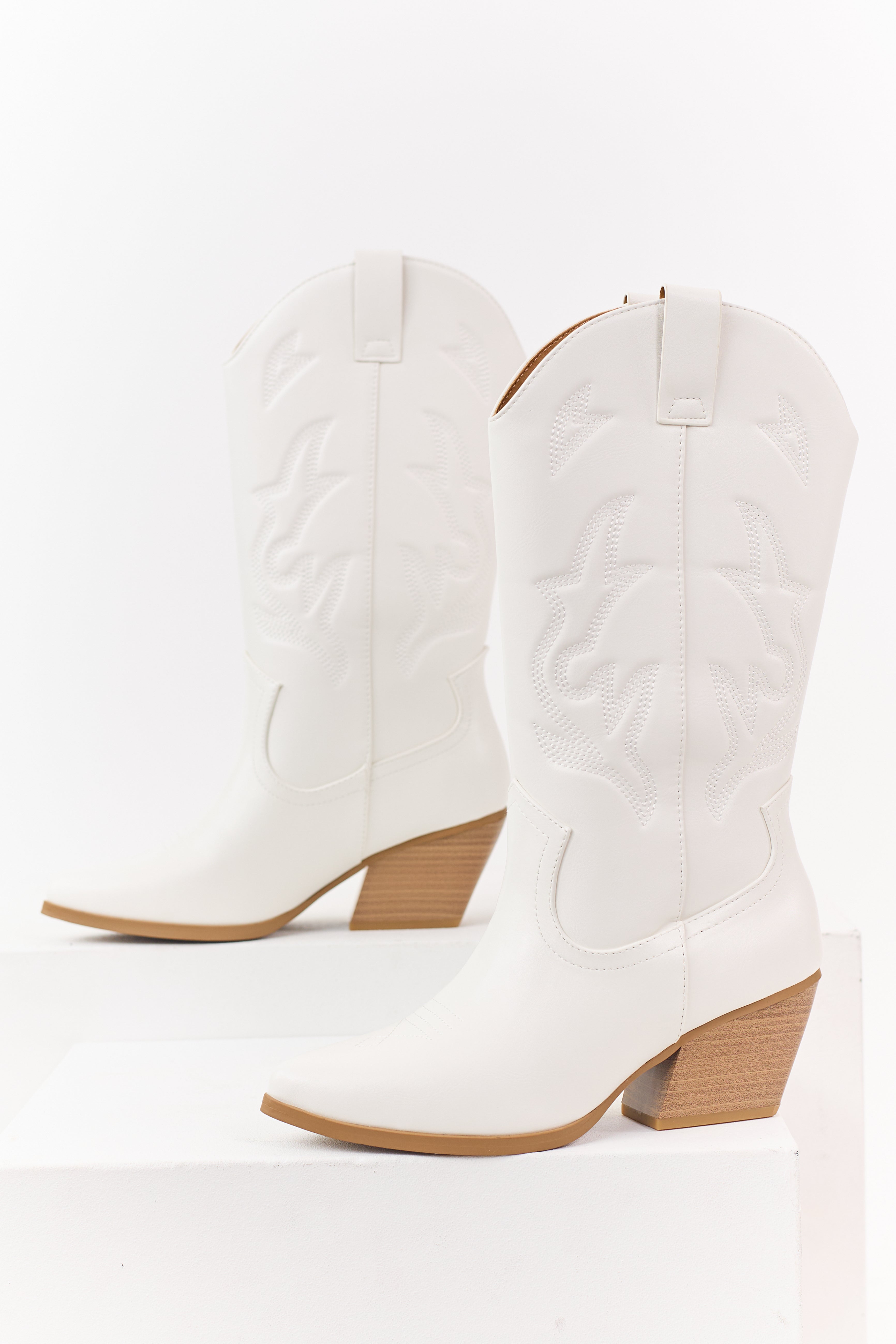 Off White Western Embroidered Cowboy Boots