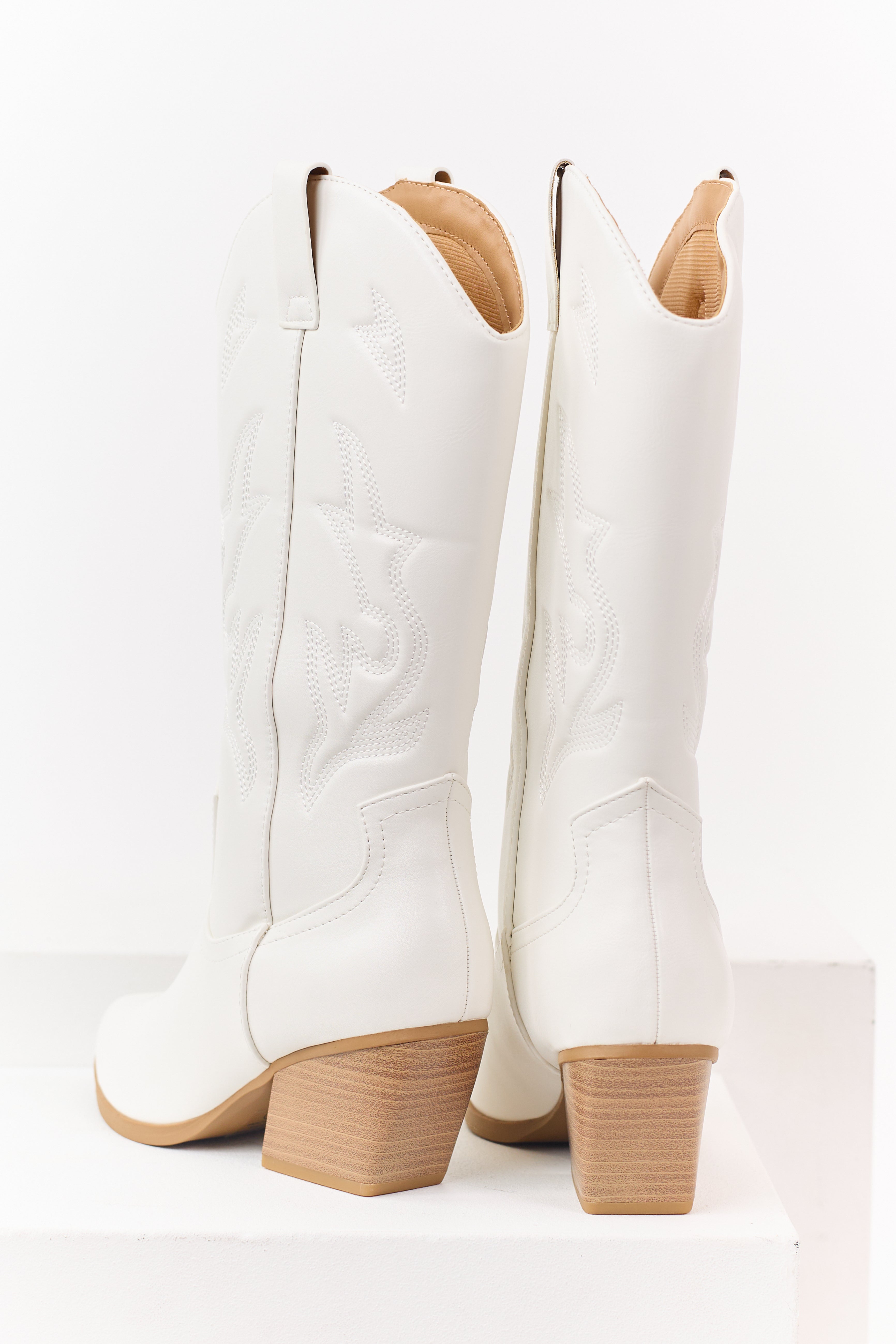Off White Western Embroidered Cowboy Boots