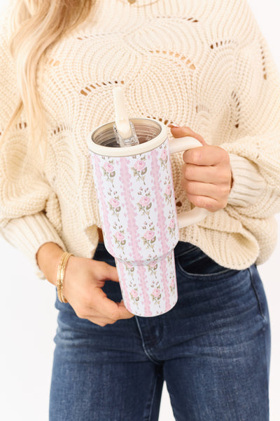 Off White and Blush Floral Print 40oz Tumbler
