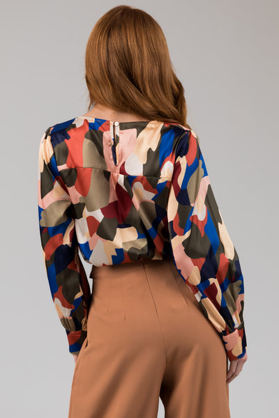 Olive Abstract Print Satin Long Sleeve Blouse
