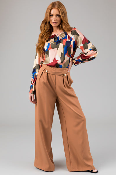 Olive Abstract Print Satin Long Sleeve Blouse