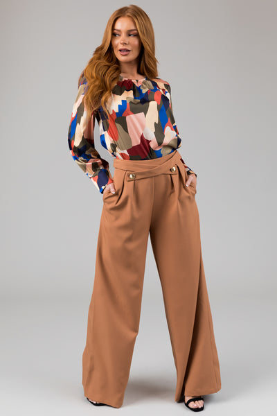 Olive Abstract Print Satin Long Sleeve Blouse
