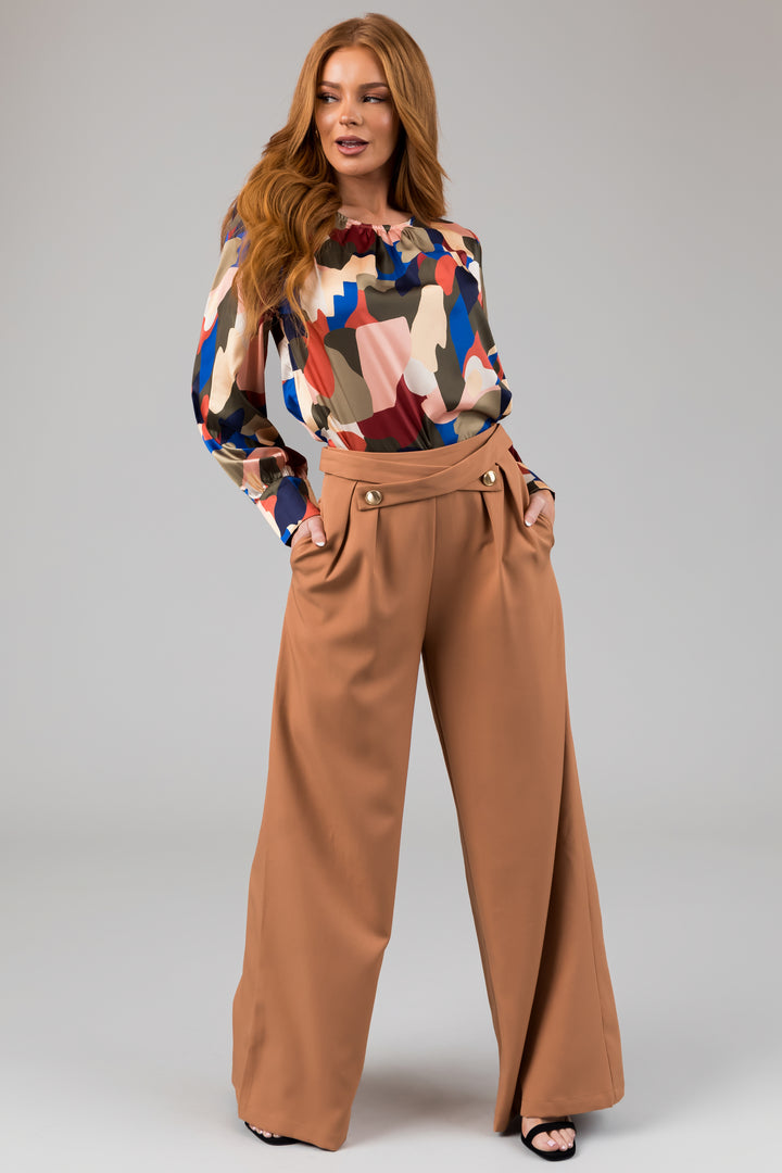 Olive Abstract Print Satin Long Sleeve Blouse