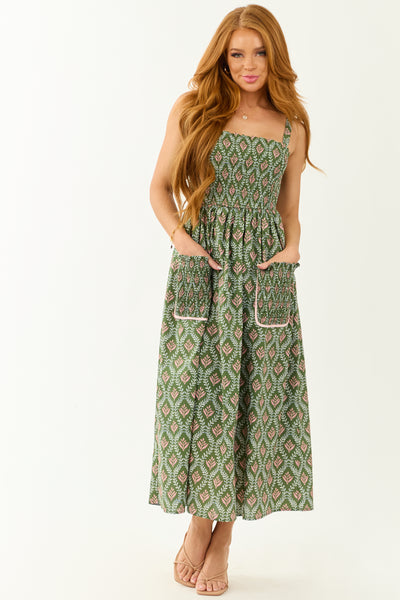 Olive Abstract Print Sleeveless Smocked Midi Dress
