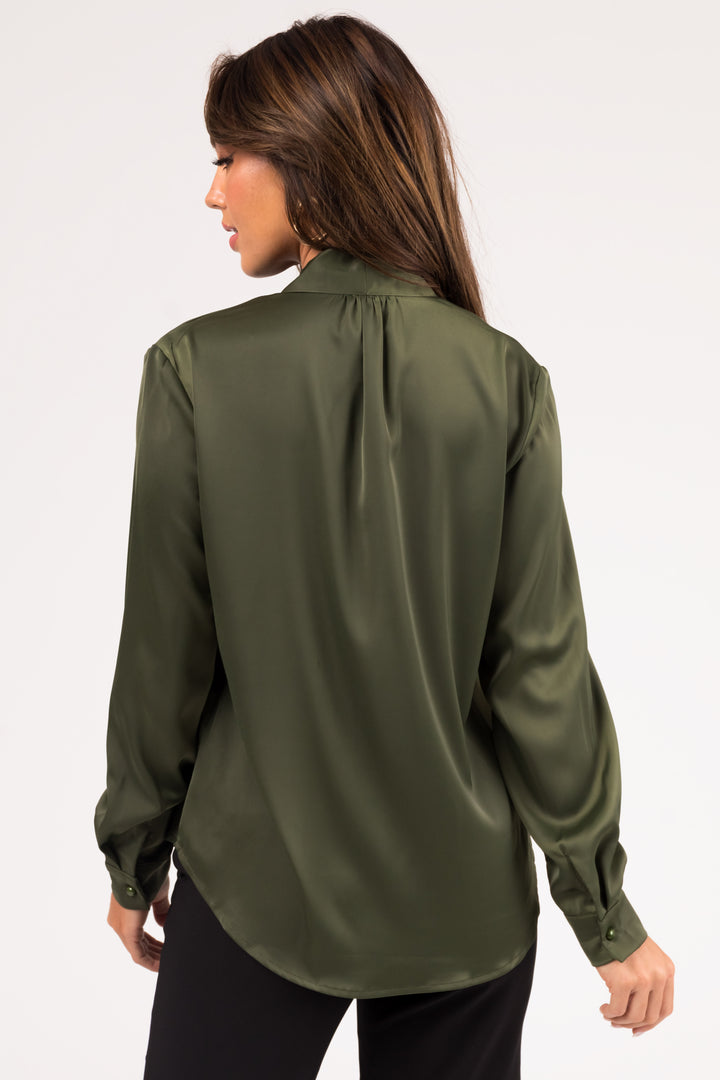 Olive Bow Tie Long Sleeve Satin Blouse