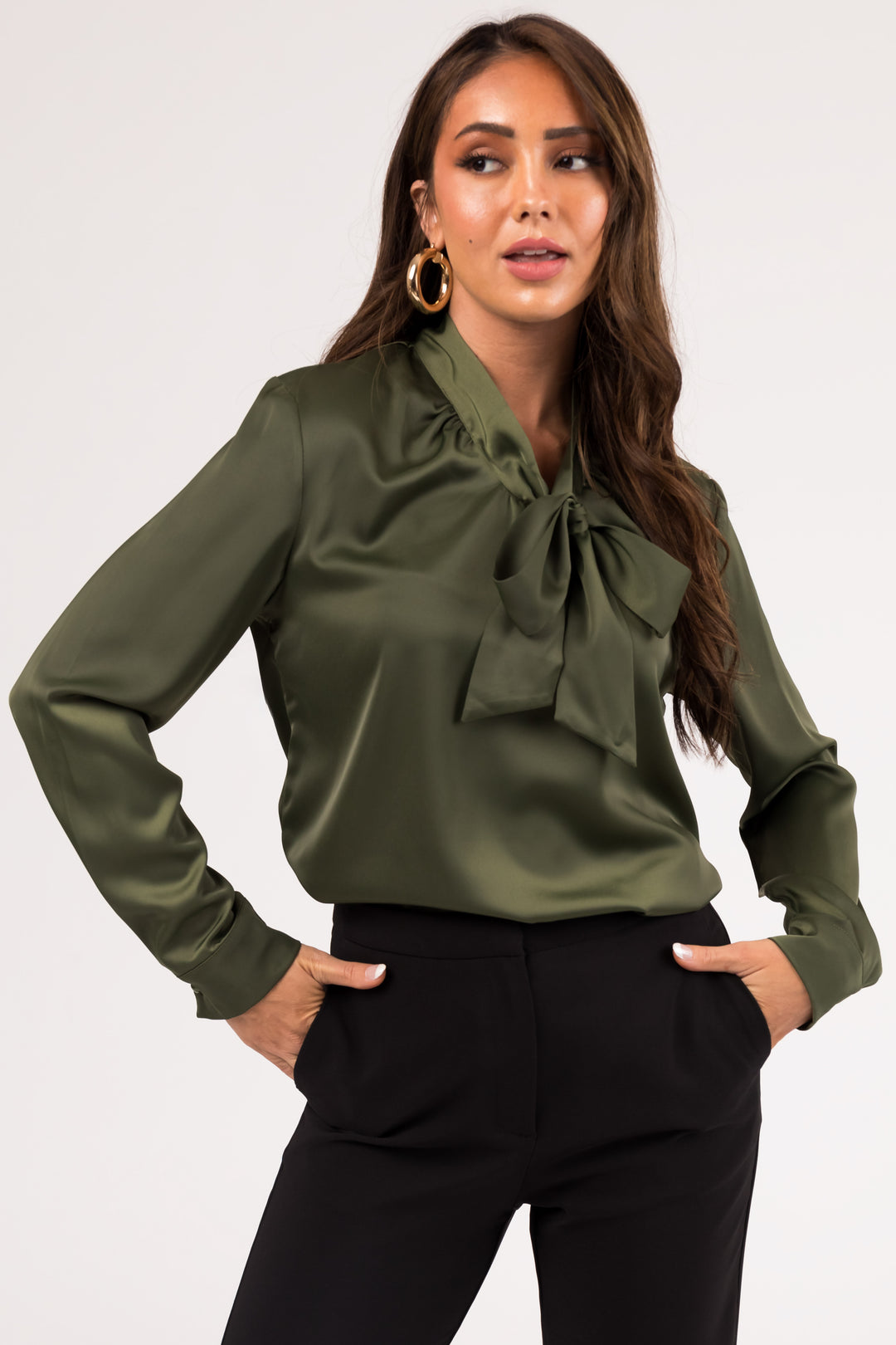 Olive Bow Tie Long Sleeve Satin Blouse & Lime Lush