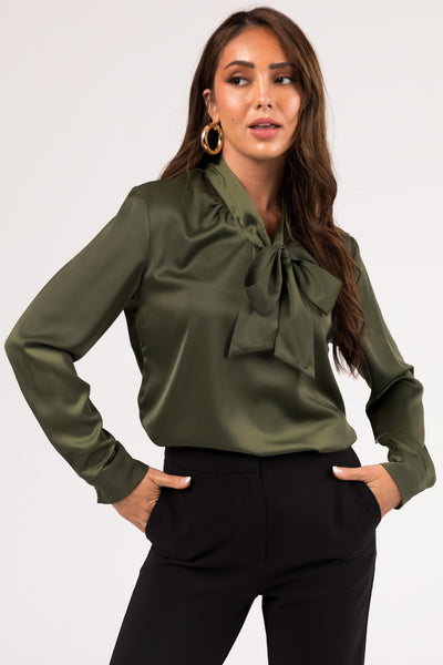 Olive Bow Tie Long Sleeve Satin Blouse