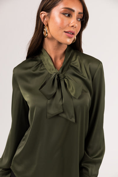 Olive Bow Tie Long Sleeve Satin Blouse