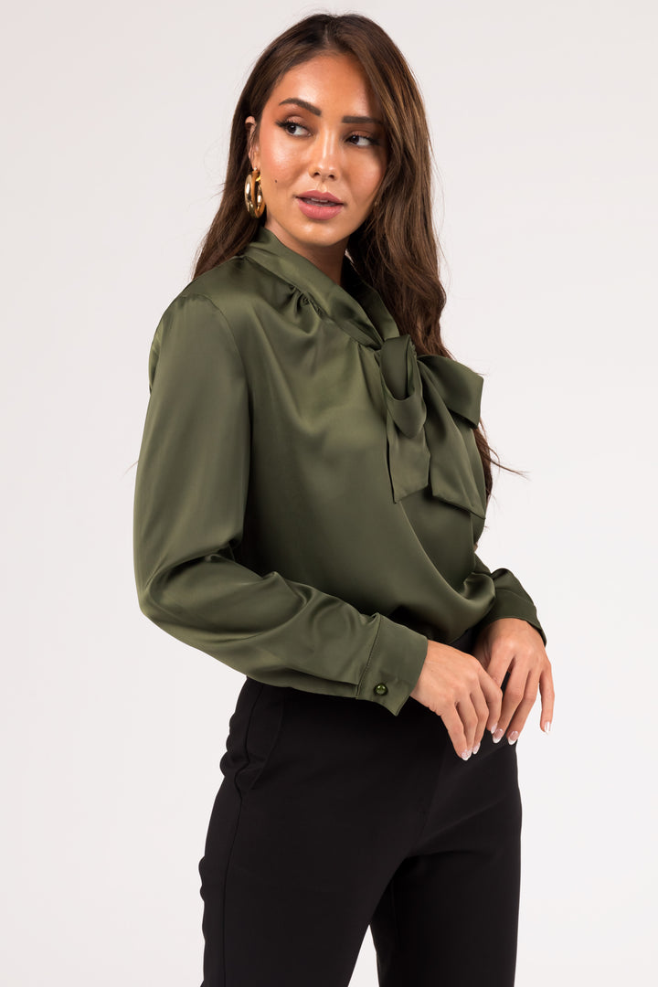 Olive Bow Tie Long Sleeve Satin Blouse