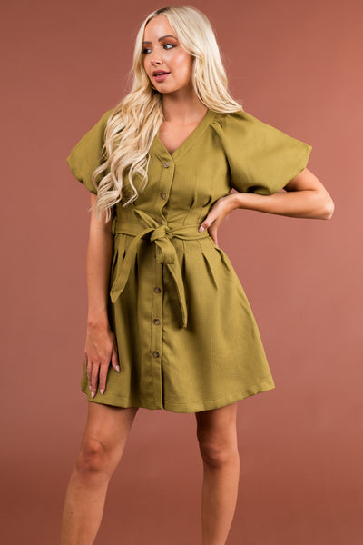 Olive Button Down Belted Short Dress