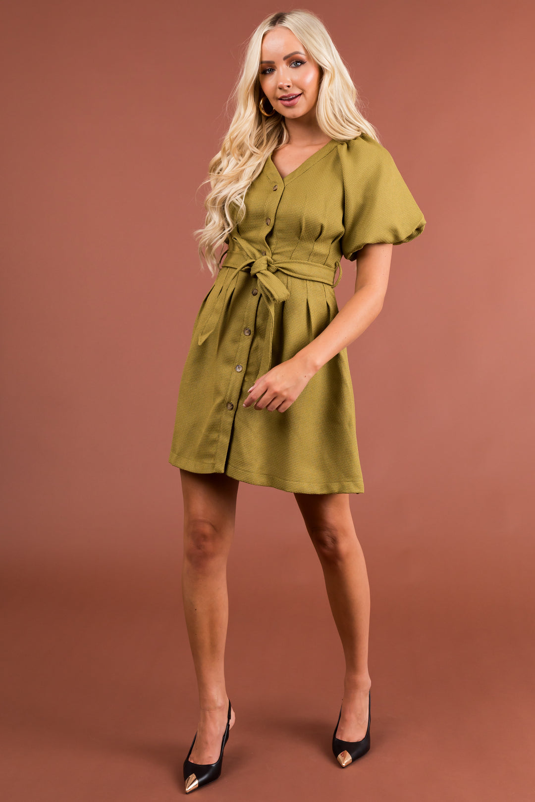 Entro Women's Olive Button Down Belted Short Dress - Size M